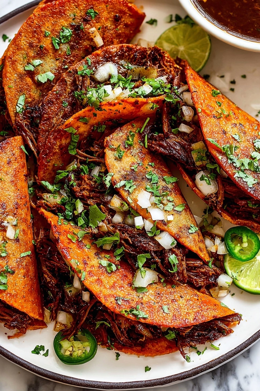 The image shows several folded tacos on a white plate with dark rim, placed on a white marbled surface. Each taco has two visible layers: the outer layer is a reddish-orange crispy tortilla with a browned, seasoned texture, and the inner layer is filled with dark brown shredded meat mixed with small white onion pieces and green cilantro leaves. Some tacos are topped with more chopped cilantro and white onions. There are a few slices of green jalapeño and lime wedges scattered around the plate, along with additional cilantro leaves. A bowl with dark reddish-brown sauce is partially visible near the top right of the plate. photo taken with an iphone --ar 2:3 --v 7 - Birria Tacos, flavorful birria tacos, Mexican birria tacos, tender beef tacos, spicy chili sauce tacos