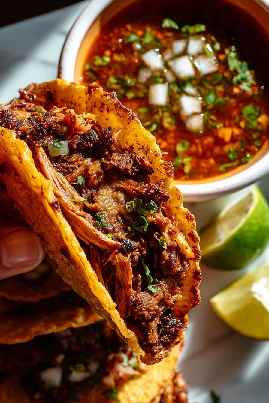 Authentic Birria Tacos with Rich Broth Recipe 8 A close-up view shows a woman's hand holding a taco with one layer of crunchy, golden-brown taco shell filled with a second layer of juicy, shredded meat that has dark caramelized edges. Behind the taco, there is a white bowl filled with a red-colored sauce topped with finely chopped green herbs and white onion bits. In the background, more tacos rest on a white surface with a lime wedge next to them, all placed on a white marbled texture. The image is bright, with warm sunlight emphasizing the golden and reddish tones of the food. photo taken with an iphone --ar 2:3 --v 7 - Authentic Birria Tacos with Rich Broth, birria tacos recipe, Mexican birria tacos, homemade birria tacos, best birria tacos
