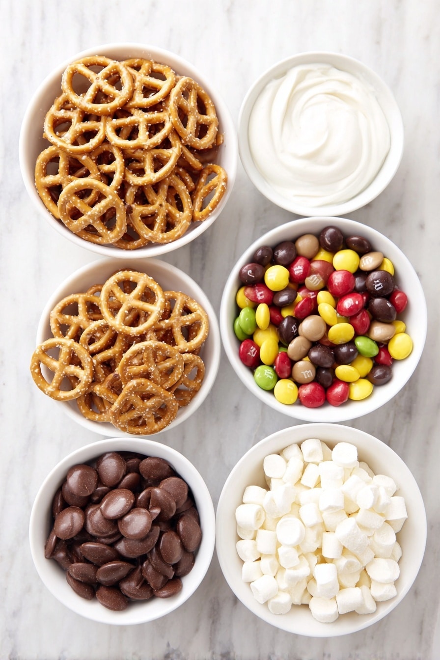 Flat lay of fresh, small waffle pretzels arranged neatly, a pile of smooth, shiny Hershey’s kisses and hugs chocolates unwrapped, and a scattering of colorful M&Ms, all placed separately in simple white ceramic bowls and directly on the surface, placed on a clean white marble surface, soft natural light, photo taken with an iPhone, professional food photography style, fresh ingredients, white ceramic bowls, no bottles, no duplicates, no utensils, no packaging --ar 2:3 --v 7 --p m7354615311229779997 - Hershey's Kiss Pretzel Bites, salty and sweet snack, quick party treats, easy holiday snack, chocolate and pretzel combo