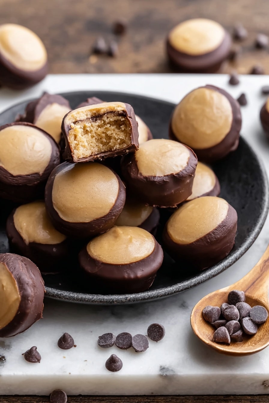 The image shows several small round treats stacked in a black plate on a white marbled surface. Each treat has two layers: a smooth, light brown top layer with a slightly glossy texture, and a dark brown bottom layer that looks like chocolate coating. One treat on top of the stack is bitten, revealing a soft, crumbly light brown inside. Some additional treats are placed around the plate on the surface, with one treat resting in a wooden spoon held by a woman's hand. There are scattered dark brown chocolate chips around the treats on the surface. photo taken with an iphone --ar 2:3 --v 7 - Easy Homemade Buckeyes, Buckeyes Candy, Peanut Butter Chocolate Treats, Homemade Candies, Easy dessert recipes