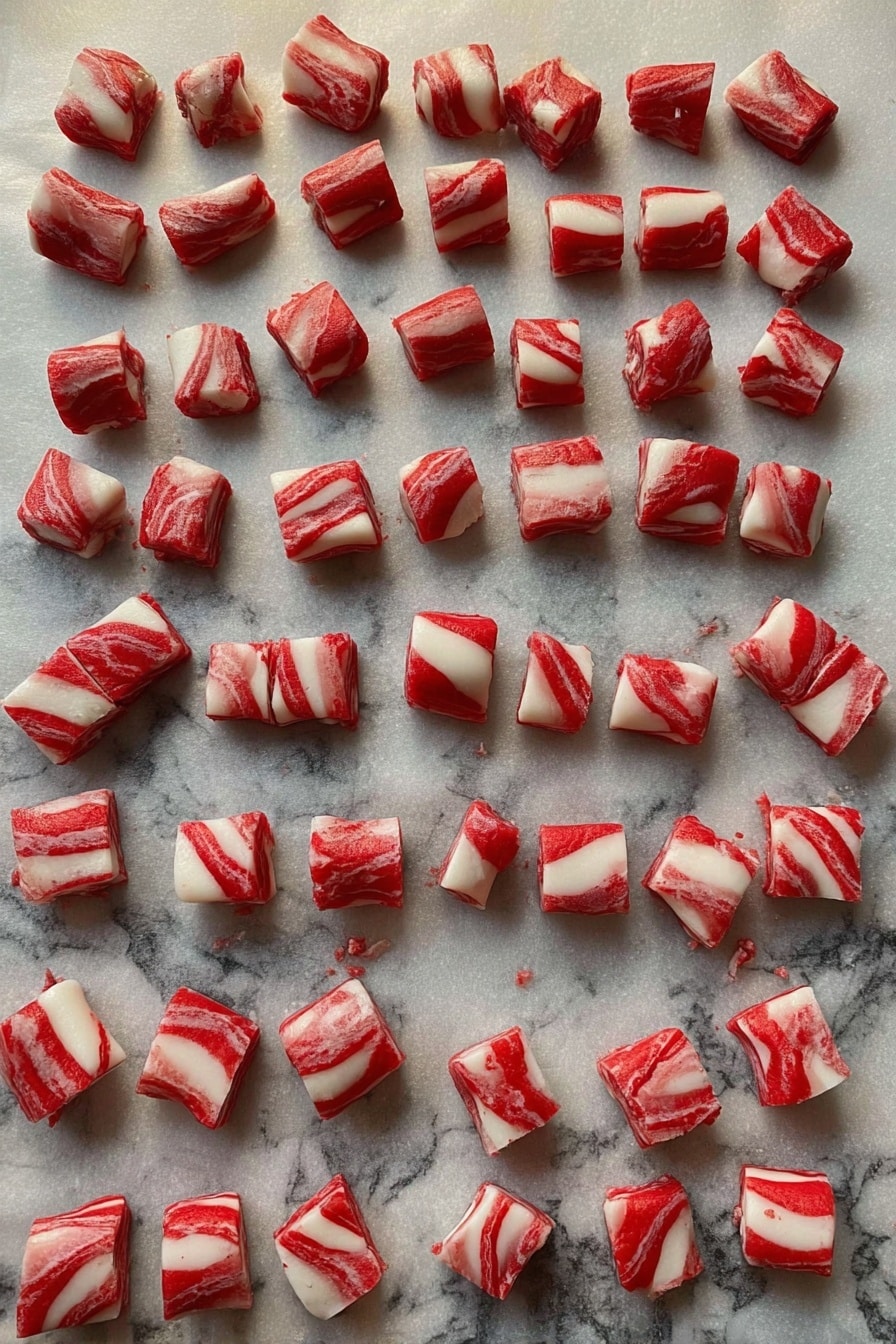 Soft Peppermint Butter Mints Recipe 6 The image shows many small red and white twisted dough pieces arranged in rows on a sheet of parchment paper. Each piece is a small square or chunk displaying a marbled pattern of red and white swirls, resembling candy or twisted pasta dough. The pieces are uneven in size but generally consistent in shape, spread out evenly over the parchment. The background surface is a white marbled texture. Photo taken with an iphone --ar 2:3 --v 7 - Soft Peppermint Butter Mints, peppermint butter mints, homemade peppermint candies, holiday peppermint treats, soft mint candies