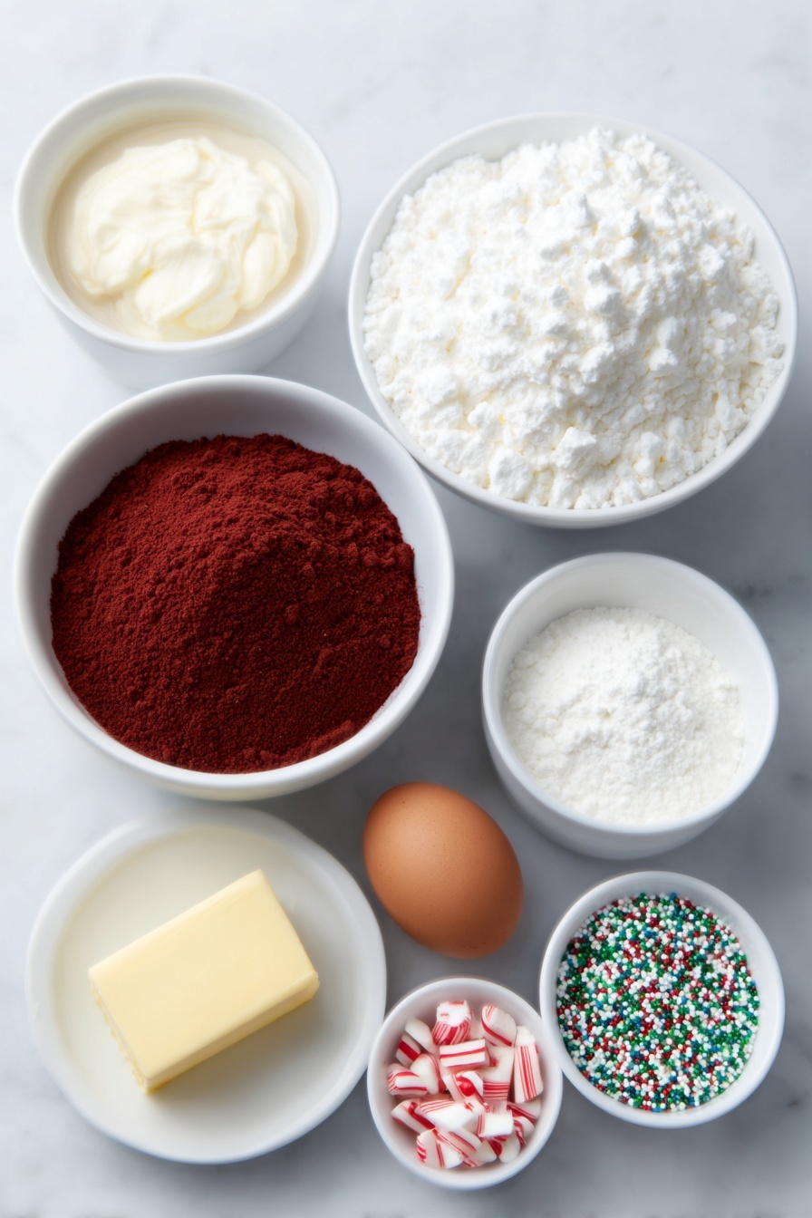 Festive Red Velvet Christmas Lasagna Recipe 7 Flat lay of a simple white ceramic bowl filled with bright red velvet cake mix powder, a small white ceramic dish holding a pat of melted golden butter, one whole uncracked brown egg, a large white ceramic bowl of smooth cream cheese, a small white ceramic bowl of fine white confectioners sugar, a small white bowl containing broken pieces of red and white crushed candy canes, a glass white ceramic bowl with fresh cold milk, a large white ceramic bowl of fluffy white Cool Whip, two small white ceramic bowls each holding creamy vanilla instant pudding powder, a tiny white ceramic bowl with vibrant green gel food coloring, and a small white ceramic plate topped with colorful Christmas sprinkles and crushed candy canes, all arranged in perfect symmetry, placed on a clean white marble surface, soft natural light, photo taken with an iPhone, professional food photography style, fresh ingredients, white ceramic bowls, no bottles, no duplicates, no utensils, no packaging --ar 2:3 --v 7 --p m7354615311229779997 - Festive Red Velvet Christmas Lasagna, Christmas dessert ideas, holiday dessert recipes, layered Christmas dessert, red velvet holiday treat