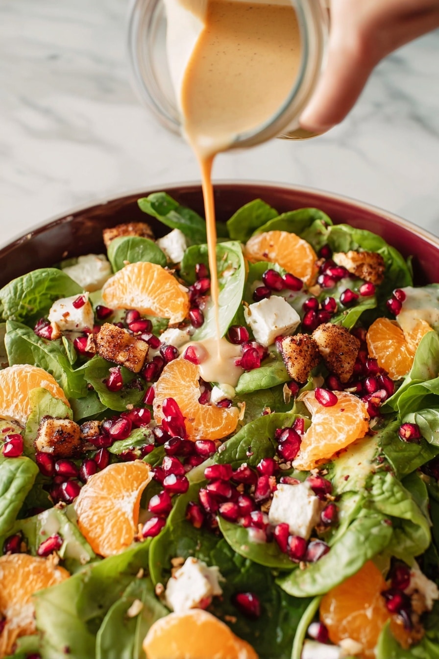 Festive Orange Pomegranate Salad Recipe 8 A fresh salad sits on a white marbled surface, showing multiple layers starting with dark green leafy spinach and lighter green lettuce spread all over. Bright orange mandarin slices are placed evenly on top, along with scattered red pomegranate seeds that add a vibrant pop of color. Small chunks of white cheese and crispy brown nuts are sprinkled across the salad, giving texture variety. A jar tilted above pours a thick, light tan dressing right onto the center, coating some leaves and pomegranate seeds. Woman's hand holds the jar, visible in the top right corner. photo taken with an iphone --ar 2:3 --v 7 - Festive Orange Pomegranate Salad, holiday citrus salad, easy fruity salad, colorful holiday salad, citrus pomegranate fruit salad