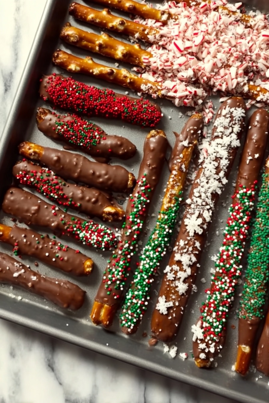 The image shows a baking tray with about ten pretzel sticks, each dipped halfway in smooth, shiny chocolate. Some pretzel sticks are covered with different types of colorful sprinkles: red, green, white tiny beads, and white snowflake shapes, while a few sticks are left plain with just chocolate coating. One corner of the tray holds pretzels topped with crushed candy canes in red and white, creating a rough texture. The background is a white marbled surface, and the overall look is festive and neat, with the pretzel sticks lined up in rows. Photo taken with an iphone --ar 2:3 --v 7 - Christmas Pretzel Rods, festive pretzel treats, holiday candy-coated pretzels, easy Christmas snacks, holiday party desserts