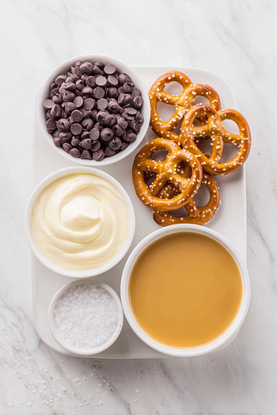 Salted Caramel Pretzel Bark Recipe 7 Flat lay of a small heap of glossy semi-sweet chocolate chips, a neat pile of golden twisted pretzels, a small white bowl filled with smooth caramel sauce, a small white bowl of heavy cream, and a few scattered flakes of coarse sea salt, all arranged in perfect symmetry on a simple white ceramic plate and bowls placed on a clean white marble surface, soft natural light, photo taken with an iPhone, professional food photography style, fresh ingredients, white ceramic bowls, no bottles, no duplicates, no utensils, no packaging --ar 2:3 --v 7 --p m7354615311229779997 - Salted Caramel Pretzel Bark, salty caramel chocolate bark, homemade caramel pretzel treat, easy caramel pretzel dessert, decadent holiday snack