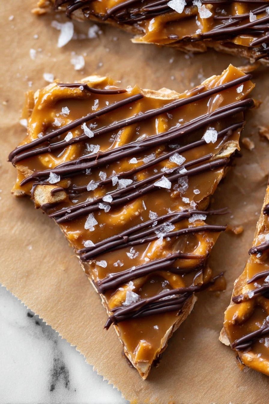 Salted Caramel Pretzel Bark Recipe 6 The image shows a piece of crunchy toffee bark on brown paper, with layers including a base of small pretzels covered in a thick amber caramel layer that looks shiny and smooth. This is topped with dark chocolate drizzles running horizontally across the piece. There are small white salt flakes sprinkled on top and around the toffee bark, adding texture and contrast. The piece has jagged edges, proving it was broken from a larger sheet. The background is a white marbled texture photo taken with an iphone --ar 2:3 --v 7 - Salted Caramel Pretzel Bark, salty caramel chocolate bark, homemade caramel pretzel treat, easy caramel pretzel dessert, decadent holiday snack