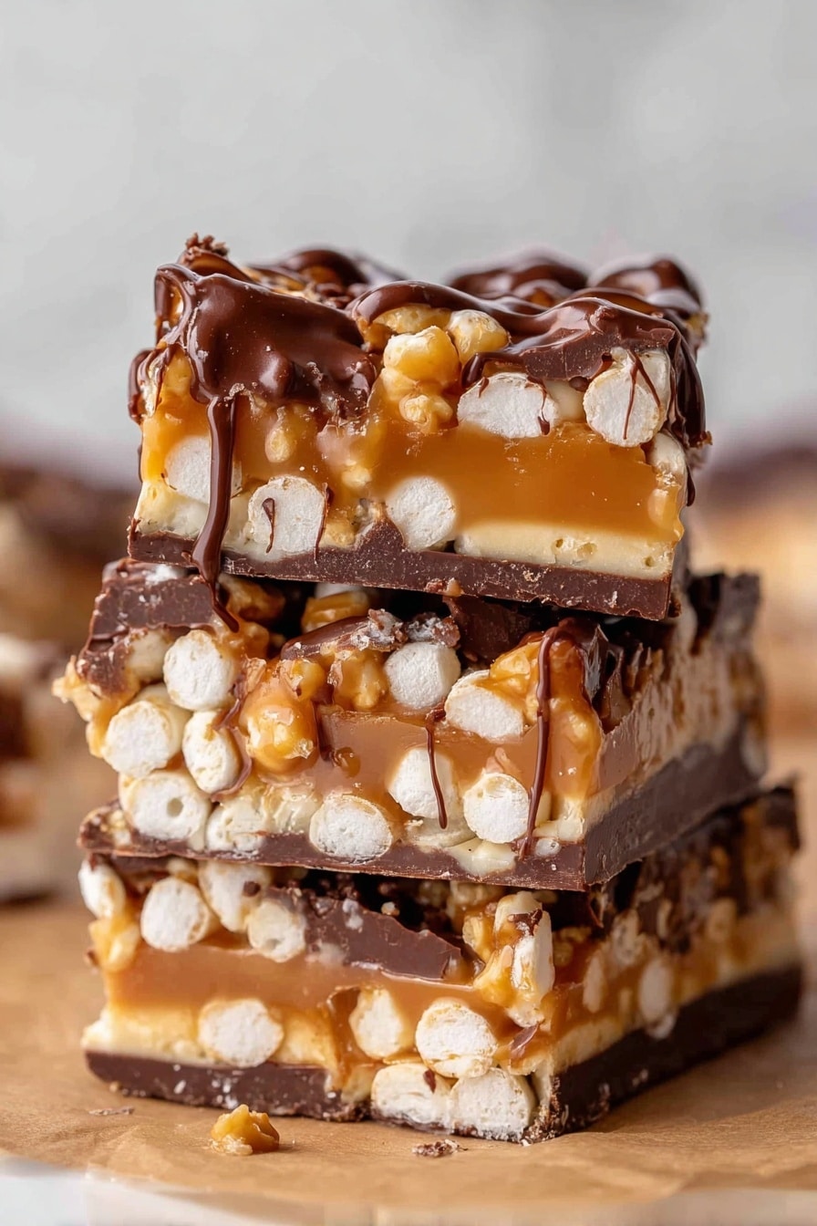 Salted Caramel Pretzel Bark Recipe 8 A stack of three thick squares of a sweet treat with three clear layers: the bottom is a dark brown chocolate base, the middle is a smooth light caramel layer filled with small white round puffs, and the top is a drizzle of dark brown chocolate with some caramel dripping down the sides. The edges show the crunchy white puffs embedded inside the caramel, creating a bumpy texture. The pieces are stacked unevenly on a brown parchment paper, with a soft white marbled background blurred behind. photo taken with an iphone --ar 2:3 --v 7 - Salted Caramel Pretzel Bark, salty caramel chocolate bark, homemade caramel pretzel treat, easy caramel pretzel dessert, decadent holiday snack