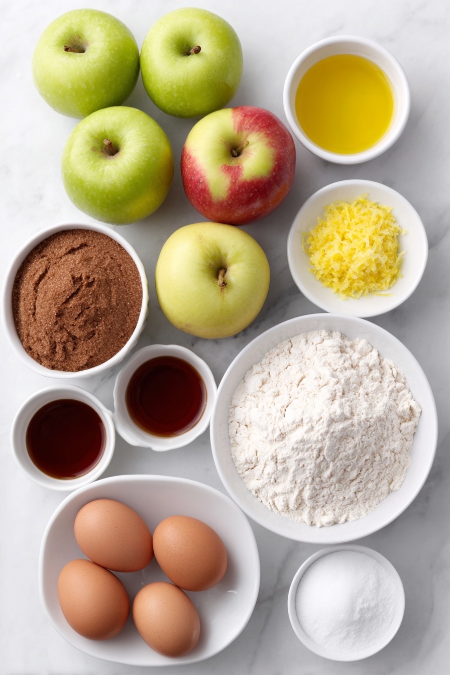 Classic Homemade Apple Pie Recipe 7 Flat lay of a small heap of Granny Smith apples, a few Gala apples, and a couple of Golden Delicious apples all whole and fresh, a small white ceramic bowl with lemon zest, another with fresh lemon juice, a small white bowl filled with packed brown sugar, a separate small white bowl with granulated sugar, a small white bowl of all-purpose flour, a small white bowl containing kosher salt, a tiny white bowl with ground cinnamon, a smaller white bowl holding ground nutmeg, a tiny white bowl with ground cardamom, a small white bowl of vanilla extract, a small white bowl with whole uncracked brown eggs, and a simple white ceramic plate holding two sheets of smooth, rolled-out pie dough, placed on a clean white marble surface, soft natural light, photo taken with an iPhone, professional food photography style, fresh ingredients, white ceramic bowls, no bottles, no duplicates, no utensils, no packaging --ar 2:3 --v 7 --p m7354615311229779997 - Classic Homemade Apple Pie, apple pie recipe, homemade apple pie, flaky pie crust, best apple pie tips