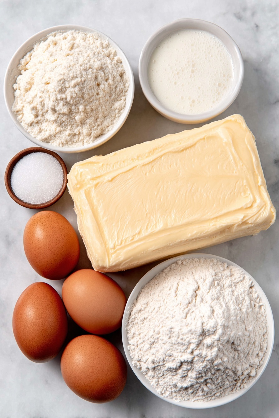 Danish Butter Cookies Recipe 7 Flat lay of a large piece of European salted butter with a smooth creamy texture, a small mound of granulated white sugar, a small pinch of coarse sea salt crystals, two whole brown eggs with clean shells, a small white ceramic bowl filled with pale vanilla extract, a small white ceramic bowl with fresh whole milk, a small pile of all-purpose flour, a small pile of cake flour, and a small white ceramic bowl containing coarse sugar for decorating, all arranged with perfect symmetry and balanced proportions on a clean white marble surface, soft natural light, photo taken with an iPhone, professional food photography style, fresh ingredients, white ceramic bowls, no bottles, no duplicates, no utensils, no packaging --ar 2:3 --v 7 --p m7354615311229779997 - Danish Butter Cookies, buttery cookies, classic cookie recipe, melt-in-your-mouth cookies, homemade Danish cookies