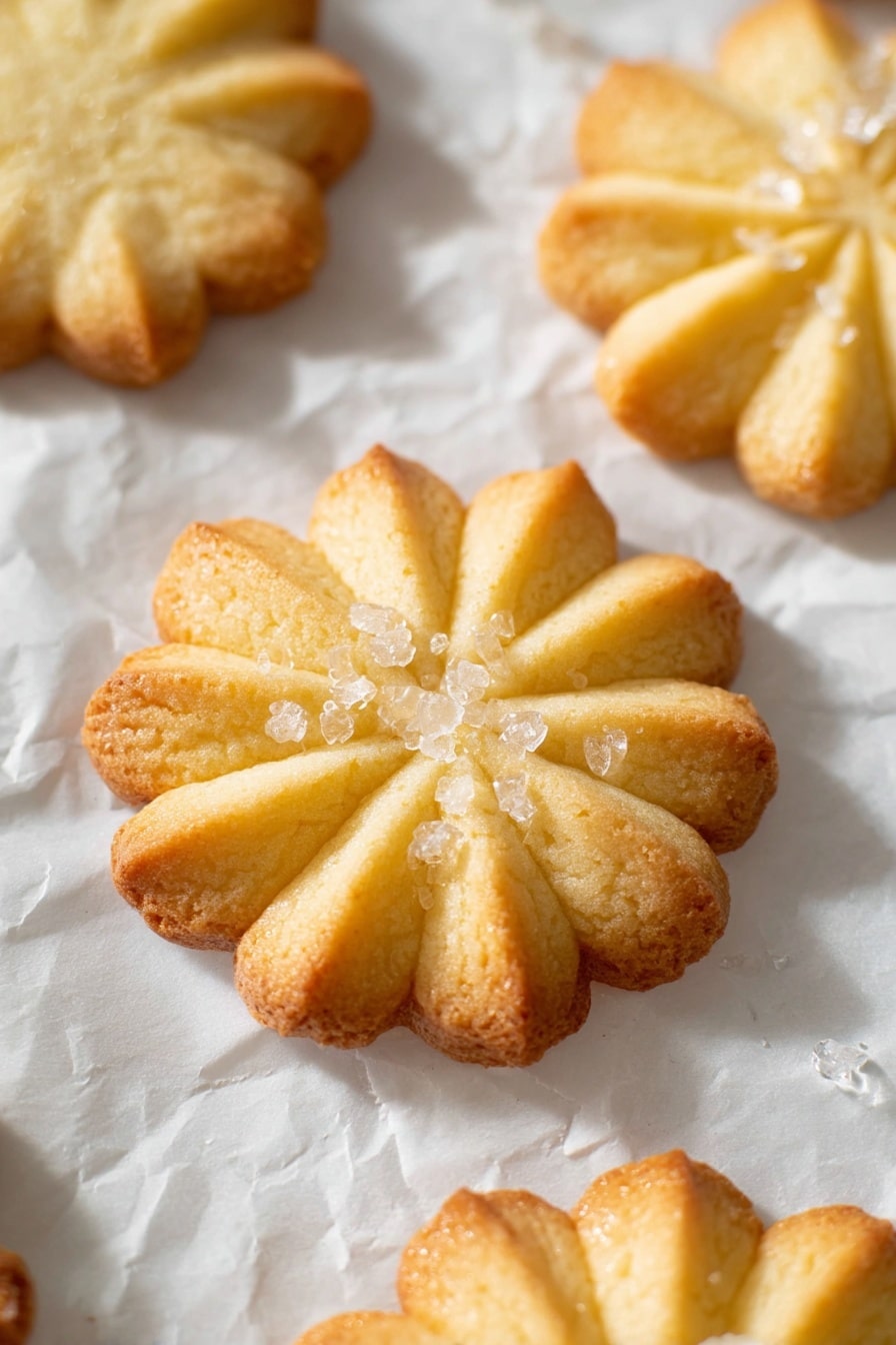 The image shows several light golden brown flower-shaped cookies arranged on crinkled white parchment paper with some granulated sugar crystals scattered around. Each cookie has twelve petal-like layers radiating from the center, with slightly browned edges and a soft, crumbly texture. The surface of the cookies is smooth with some ridges formed by the petal shapes, and the sugar crystals add bright, translucent highlights, making the cookies look fresh and slightly shiny. The background is a white marbled texture. Photo taken with an iphone --ar 2:3 --v 7 - Danish Butter Cookies, buttery cookies, classic cookie recipe, melt-in-your-mouth cookies, homemade Danish cookies
