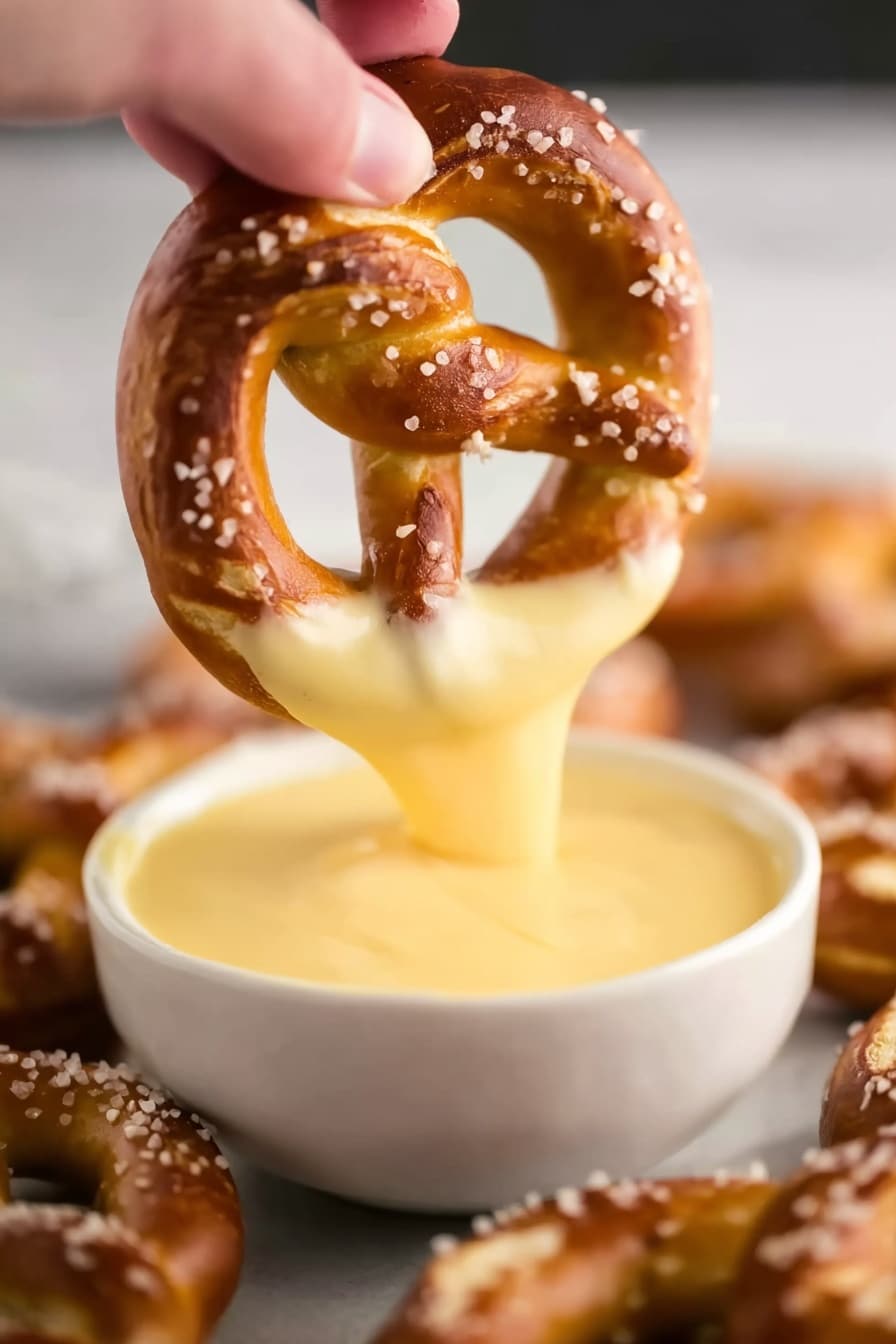 A close-up of a golden brown pretzel with coarse salt sprinkled on top being dipped into a smooth, creamy yellow cheese sauce in a small white bowl. The woman's hand holds the pretzel from the top, and the cheese sauce clings and stretches as the pretzel is dipped. In the background, there is a white marbled surface with more pretzels blurred out, creating a warm and inviting feel. The lighting highlights the soft texture of the pretzel and the glossy cheese sauce. photo taken with an iphone --ar 2:3 --v 7 - Cheddar Cheese Sauce for Pretzels, pretzel cheese dip, easy cheese sauce recipe, creamy cheese dip, homemade pretzel dipping sauce