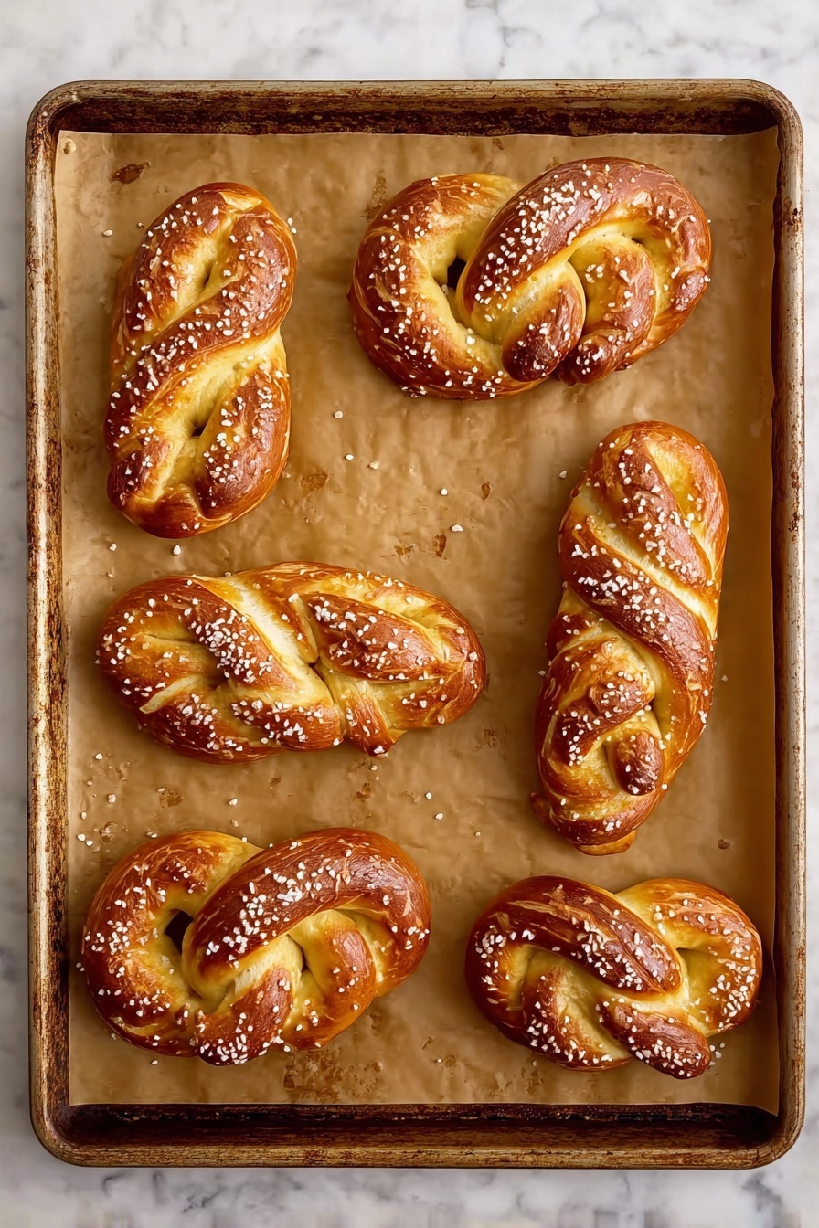There are six twisted pretzels on a baking tray lined with brown parchment paper. Each pretzel has a deep golden-brown color with a shiny surface and coarse white salt sprinkled on top. The pretzels are arranged in two rows with three pretzels each. The tray has a slightly worn look with some stains at the edges. The background is a white marbled texture. photo taken with an iphone --ar 2:3 --v 7 - Homemade Soft Pretzel Twists, soft pretzel twists, homemade pretzels, soft pretzel recipe, chewy pretzel snacks