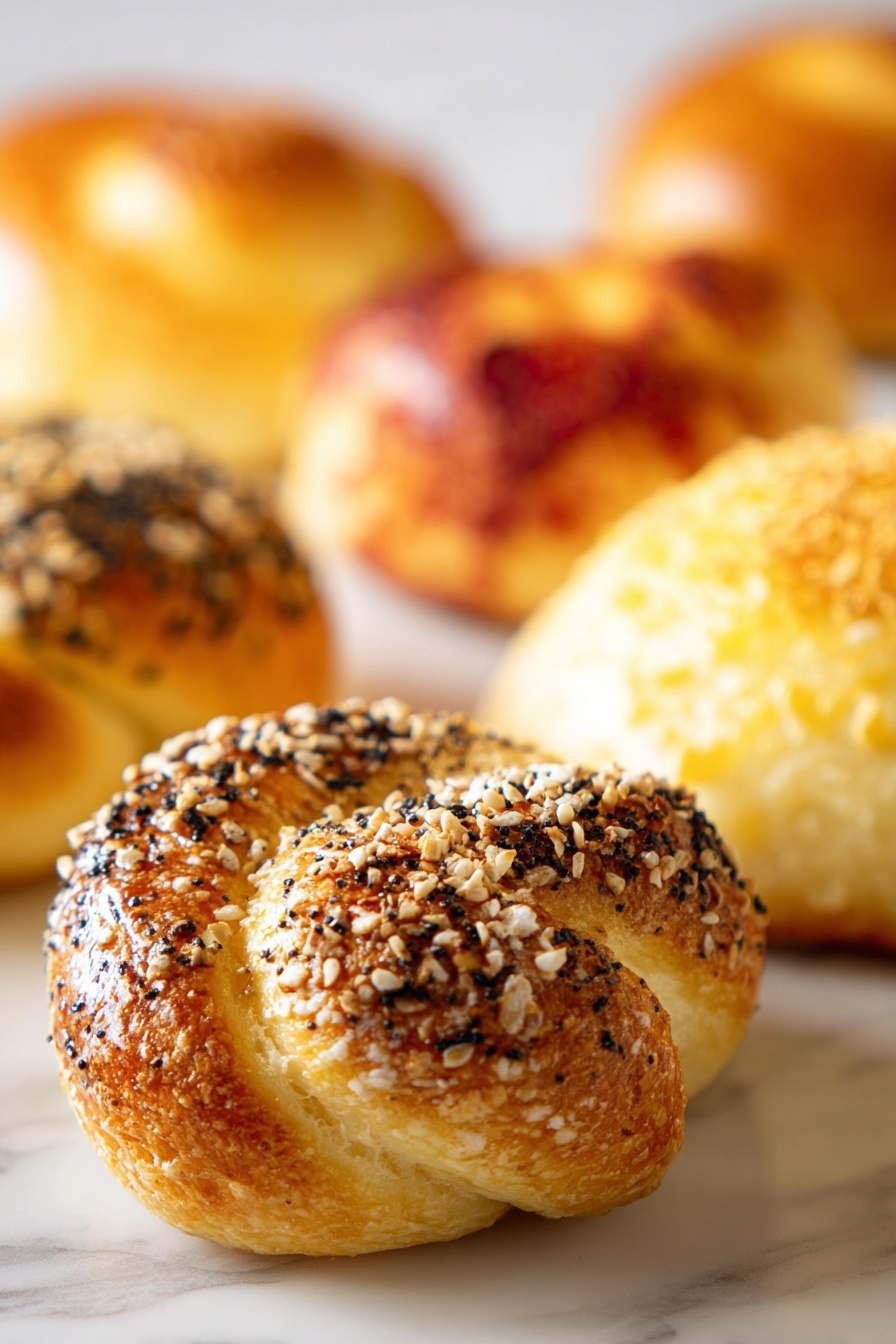 Homemade Soft Pretzel Twists with Toppings Recipe 6 A close-up photo shows a group of five small bread rolls on a white marbled surface, each with a different topping or texture. The closest roll on the left is twisted and covered with a mix of black and white seeds, and some brown bits on a shiny golden crust. To its right, there is a round roll with a creamy yellow topping that looks soft and smooth. Behind these, another round roll is coated in a darker brown powder. In the blurry background, two more rolls can be seen, one with a shiny yellow topping and another with a slightly twisted shape. The light highlights the shiny golden brown crust of each roll, giving a fresh baked look. photo taken with an iphone --ar 2:3 --v 7 - Homemade Soft Pretzel Twists with Toppings, soft pretzel recipe, homemade pretzels with toppings, easy pretzel twists, baked pretzel snacks