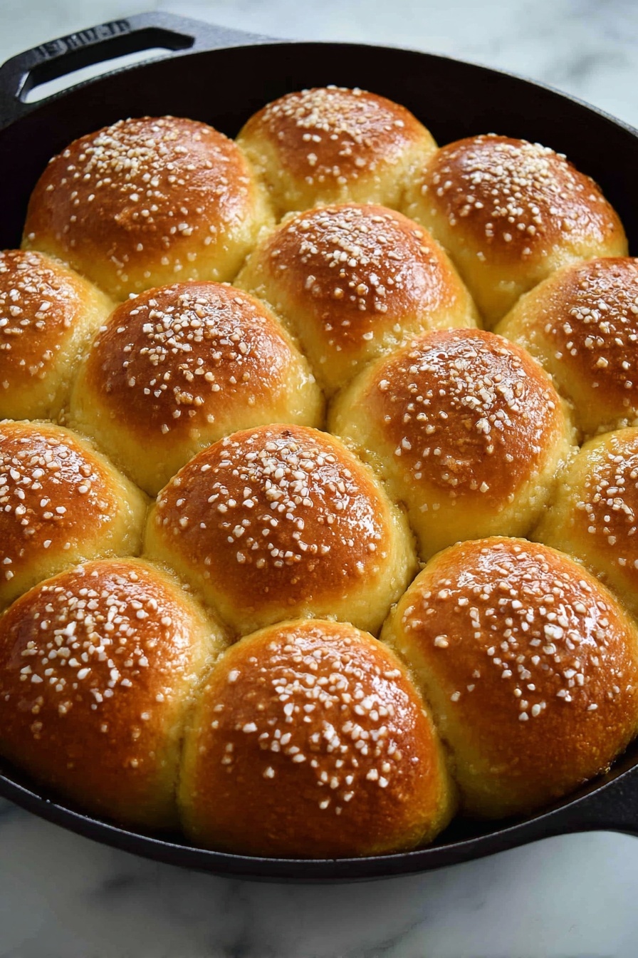 Pull-Apart Pretzel Rolls Recipe 6 The image shows a black cast iron pan filled with fifteen round bread rolls arranged tightly in a 4-4-4-3 pattern. Each roll has a golden brown top with a shiny texture, sprinkled evenly with coarse white salt crystals. The rolls are softly touching each other and have a slightly cracked surface around the edges, showing a soft inner texture. The pan sits on a white marbled surface, and the overall look is warm and fresh, highlighting the bread’s crisp tops and soft sides. Photo taken with an iphone --ar 2:3 --v 7 - Pull-Apart Pretzel Rolls, soft pretzel rolls, homemade pretzel bread, cheesy pretzel buns, easy pretzel roll recipe