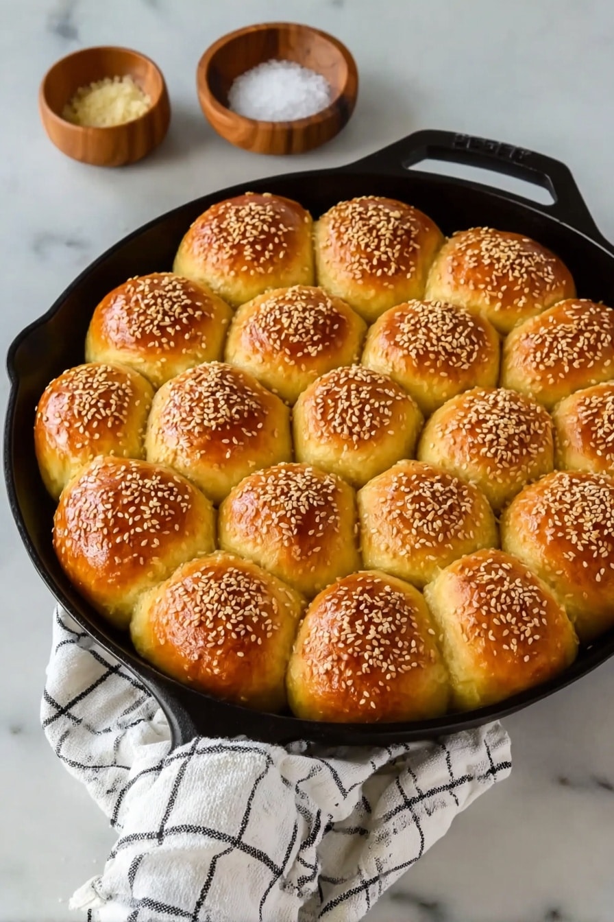 Pull-Apart Pretzel Rolls Recipe 8 A black cast iron skillet filled with fifteen golden brown dinner rolls, each topped with shiny sesame seeds. The rolls are packed closely together in three layers: a middle layer of seven medium-sized rolls surrounded by a layer of seven slightly larger rolls, and a single small roll placed near the center, creating a flower-like pattern. The surface of the rolls looks soft and glossy, with a light crust and a smooth texture. The skillet sits on a white marbled surface with a white and black checkered cloth casually placed underneath the handle. Nearby, a small wooden bowl and a container of coarse salt are visible. photo taken with an iphone --ar 2:3 --v 7 - Pull-Apart Pretzel Rolls, soft pretzel rolls, homemade pretzel bread, cheesy pretzel buns, easy pretzel roll recipe