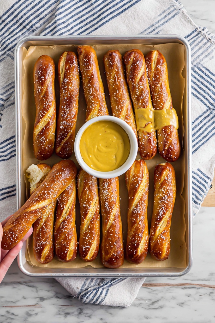 A metal tray lined with light brown parchment paper holds ten golden-brown pretzel sticks evenly placed in two rows of five. The pretzels have a slightly shiny surface sprinkled with coarse salt grains, showing a soft and smooth texture with some darker, crispy areas on top. In the center of the tray sits a small white bowl filled with bright yellow mustard. One pretzel stick is dipped into the mustard, held by a woman's hand, showing a close-up of the soft and crunchy bread. The tray is set on a white marbled texture with a white cloth having blue stripes underneath photo taken with an iphone --ar 2:3 --v 7 - German Soft Pretzel Sticks, authentic pretzel recipe, homemade pretzels, soft pretzel sticks baking, German pretzel snacks