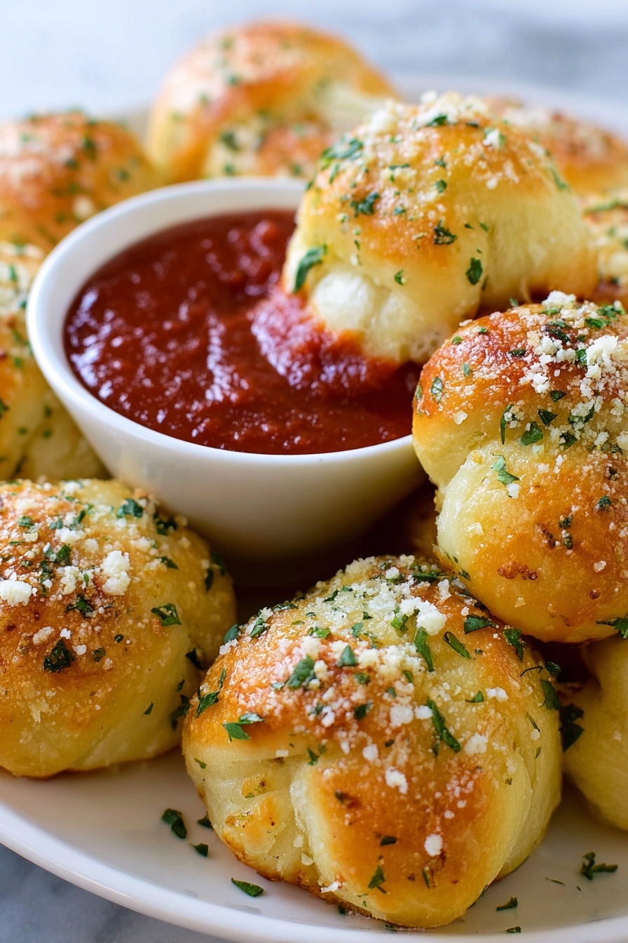 The image shows soft golden garlic knots topped with parsley and grated cheese, arranged closely on a white plate with a small white bowl of rich red marinara sauce in the center. The garlic knots have a shiny, slightly crisp texture with sprinkled herbs and cheese on top. One knot is partially dipped into the sauce. The background features a white marbled texture. photo taken with an iphone --ar 2:3 --v 7 - Garlic Parmesan Knots, Garlic Parmesan Knots recipe, cheesy garlic knots, easy appetizer recipes, baked bread snacks