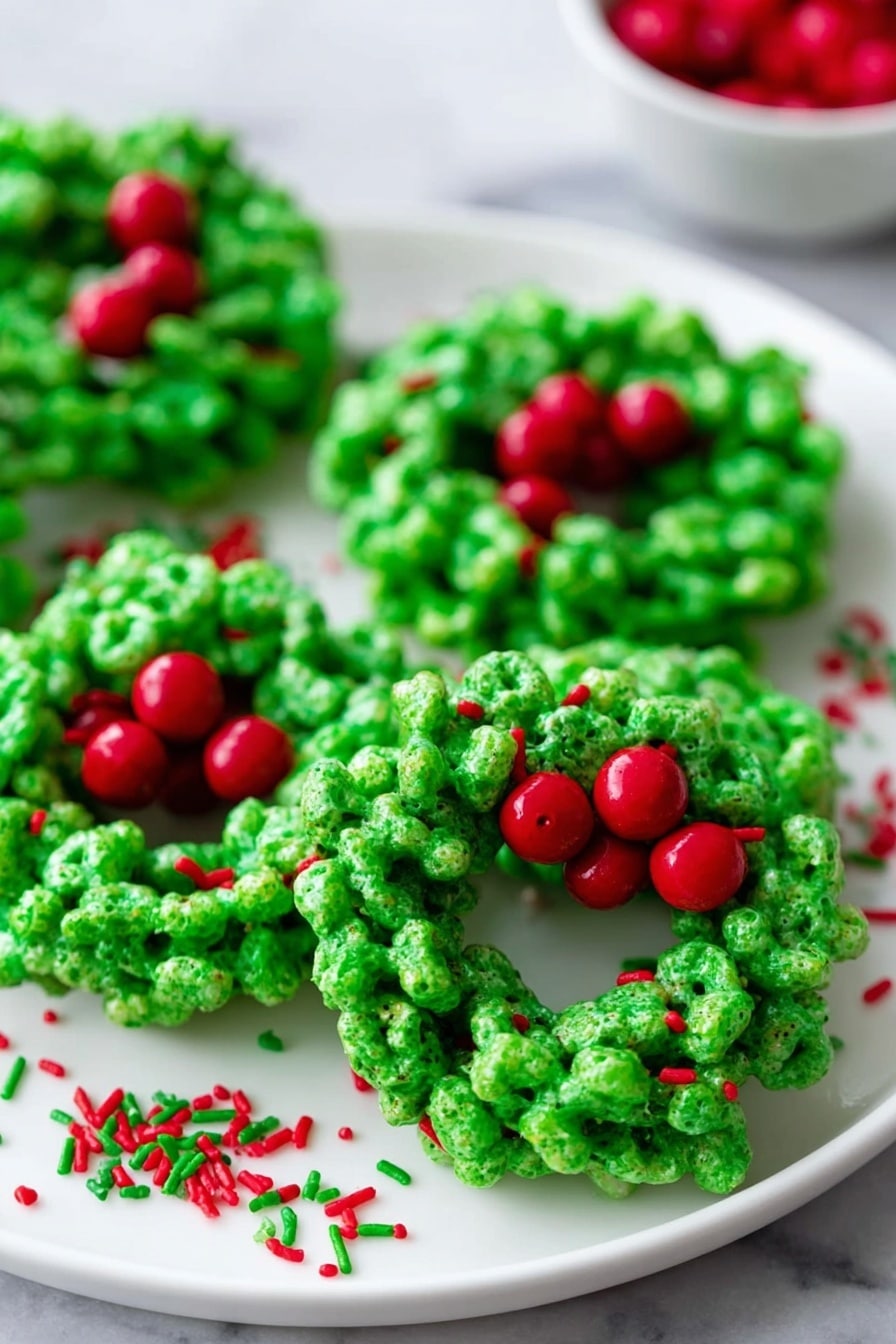 The image shows several small wreath-shaped treats placed closely on a white plate. Each wreath has a bright, shiny green color with a bumpy texture made from clusters of puffed cereal stuck together, shaped into a ring. On top of each green wreath, there are clusters of three shiny red candy pieces, resembling berries. Around the wreaths on the plate are scattered small red and green sprinkles, adding extra color and detail. The background includes a smooth white marbled surface. photo taken with an iphone --ar 2:3 --v 7 - Christmas Wreath Cookie, Christmas Wreath Cookie Recipe, Festive Holiday Cookies, Easy Christmas Cookies, Holiday Baking Ideas
