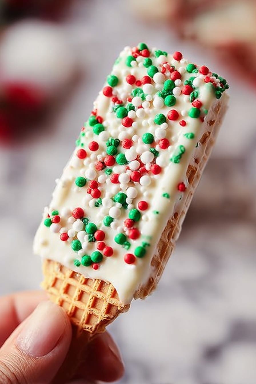 White Chocolate Dipped Sugar Wafers Recipe 6 A rectangular vanilla ice cream bar on a beige waffle cone is held by a woman's hand at the bottom right corner, showing a close-up view. The ice cream is coated in white chocolate and covered with small round sprinkles in red, green, and white, which create a festive look. The background is softly blurred, with a white marbled texture appearing faintly in the farthest parts. The focus is sharp on the ice cream bar and the woman's hand, highlighting the smoothness of the vanilla layer and the crunchy texture of the waffle. Photo taken with an iphone --ar 2:3 --v 7 - White Chocolate Dipped Sugar Wafers, sugar wafer treats, holiday dessert ideas, easy holiday sweets, white chocolate coated wafers
