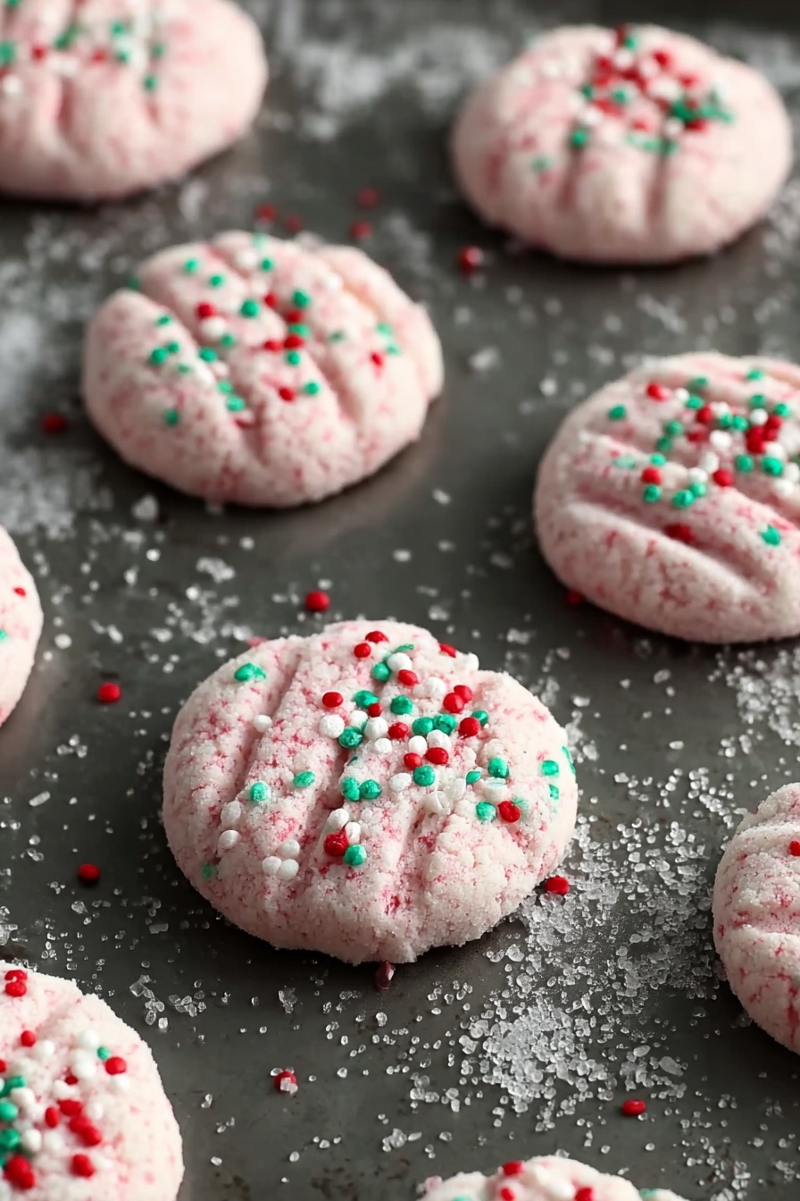 Christmas Mint Cream Cheese Mints Recipe 6 The image shows several round cookies on a dark baking tray set against a white marbled background. Each cookie has a light pink base with a soft, slightly crumbly texture and is topped with small red, white, and green round sprinkles scattered evenly. The tops of the cookies have gentle ridges pressed into them, creating a pattern that adds texture. The cookies are spaced nicely apart, with some scattered sugar granules on the tray around them. Photo taken with an iphone --ar 2:3 --v 7 - Christmas Mint Cream Cheese Mints, mint cream cheese mints, holiday mint candies, festive cream cheese mints, easy Christmas mint treats