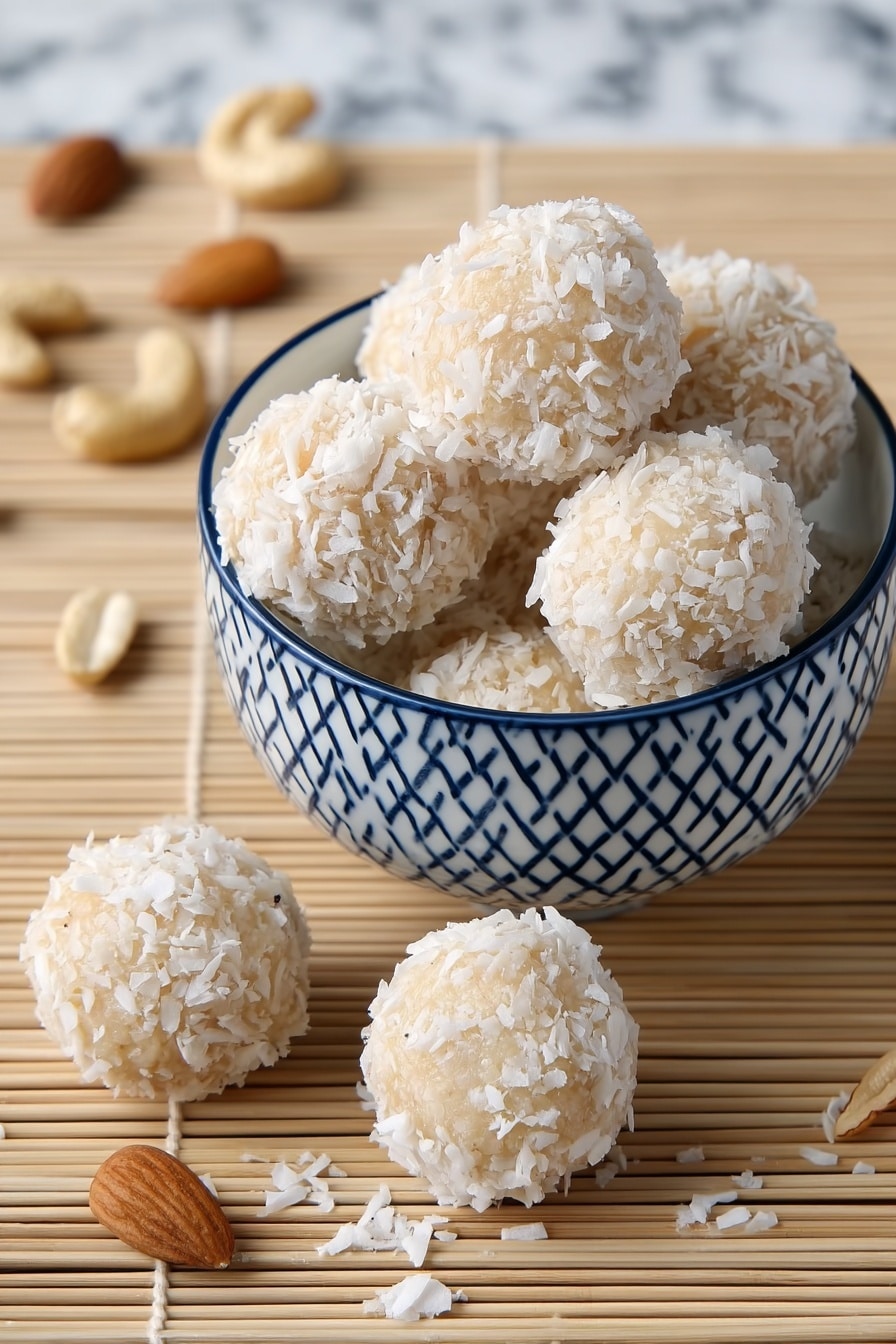 Orange Coconut Snowballs Recipe 8 The image shows a white bowl with a blue geometric pattern filled with round dessert balls covered in shredded white coconut. The balls have a light beige color underneath the coconut flakes. Outside the bowl, there are three similar coconut-covered balls placed on a beige bamboo mat, with small pieces of nuts scattered around. The texture of the balls is rough because of the coconut, and the bowl is centered on the mat with a few balls leaning on each other inside it. The background is a white marbled surface photo taken with an iphone --ar 2:3 --v 7 - Orange Coconut Snowballs, tropical coconut treats, citrus dessert bites, easy holiday snacks, quick no-bake dessert
