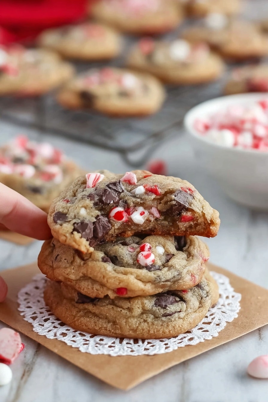 Peppermint Oreo Cookies Recipe 6 The image shows a close-up of three soft cookies stacked on a light brown piece of paper with a white lace doily beneath, all placed on a white marbled surface. The cookies are chunky with visible dark chocolate chunks and small red and white candy pieces mixed throughout. One cookie on top has a woman’s hand holding a bite piece, showing its soft and dense texture. In the background, more cookies sit on a metal cooling rack and a white bowl filled with candy pieces is partially visible. The colors are warm with a cozy, homemade feel, and the focus is on the front stack of cookies with the background slightly blurred. photo taken with an iphone --ar 2:3 --v 7 - Peppermint Oreo Cookies, peppermint cookies recipe, holiday cookies with Oreos, peppermint dessert ideas, quick peppermint cookies