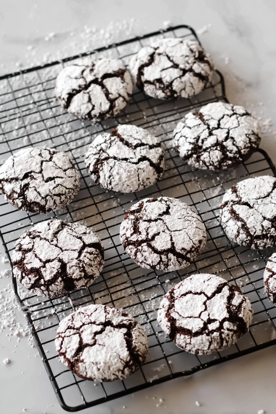 A white plate with a decorative edge holding a pile of round chocolate cookies. Each cookie has a cracked surface showing dark brown underneath and is covered in a white powdered sugar layer. The plate is decorated with a red ribbon that has