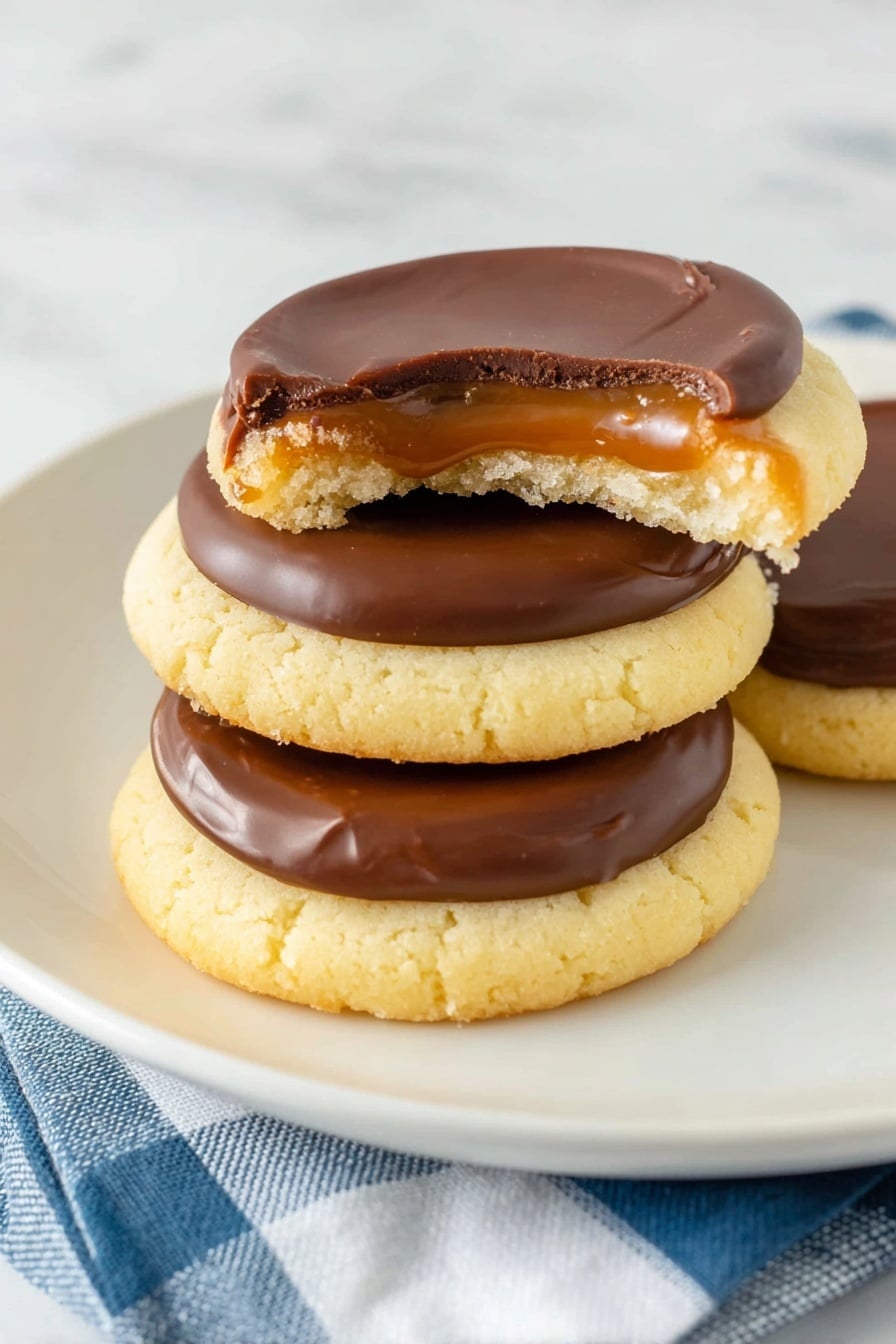 Twix Cookies with Caramel and Chocolate Recipe 8 Three round cookies are stacked on a white plate, placed on a white marbled surface with a blue and white checkered cloth beneath. Each cookie has two layers: the bottom layer is a pale yellow, soft-looking cookie base with a crumbly texture at the edges, and the top layer is a smooth, glossy chocolate circle slightly melting into the cookie. Under the chocolate, there is a shiny, caramel-colored layer visible on two cookies. One cookie on top has a bite taken out, revealing the soft inside of the cookie and thin caramel layer beneath the chocolate. Photo taken with an iphone --ar 2:3 --v 7 - Twix Cookies with Caramel and Chocolate, homemade Twix cookie bars, caramel chocolate cookie recipe, easiest Twix-inspired cookies, chewy caramel chocolate cookies