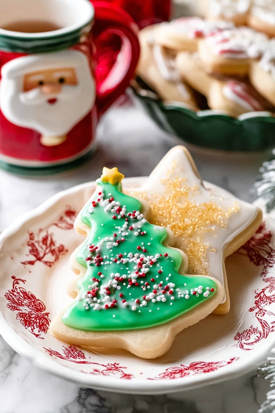 Two Christmas-themed sugar cookies sit on a white plate with red floral designs, placed on a white marbled surface. The cookie on top is shaped like a Christmas tree with a smooth green icing layer sprinkled with small red and white sugar decorations, and a small yellow star decoration at the tip. Behind it is a star-shaped cookie covered in white icing with a thick layer of golden sugar sprinkles. In the background, there is a Santa Claus head mug with a red handle and a green bowl filled with more Christmas cookies, all set against the white marbled texture. Photo taken with an iphone --ar 2:3 --v 7 - Soft Sugar Cookies with Icing, easy sugar cookies, homemade sugar cookies, tender sugar cookies, holiday cookie recipes