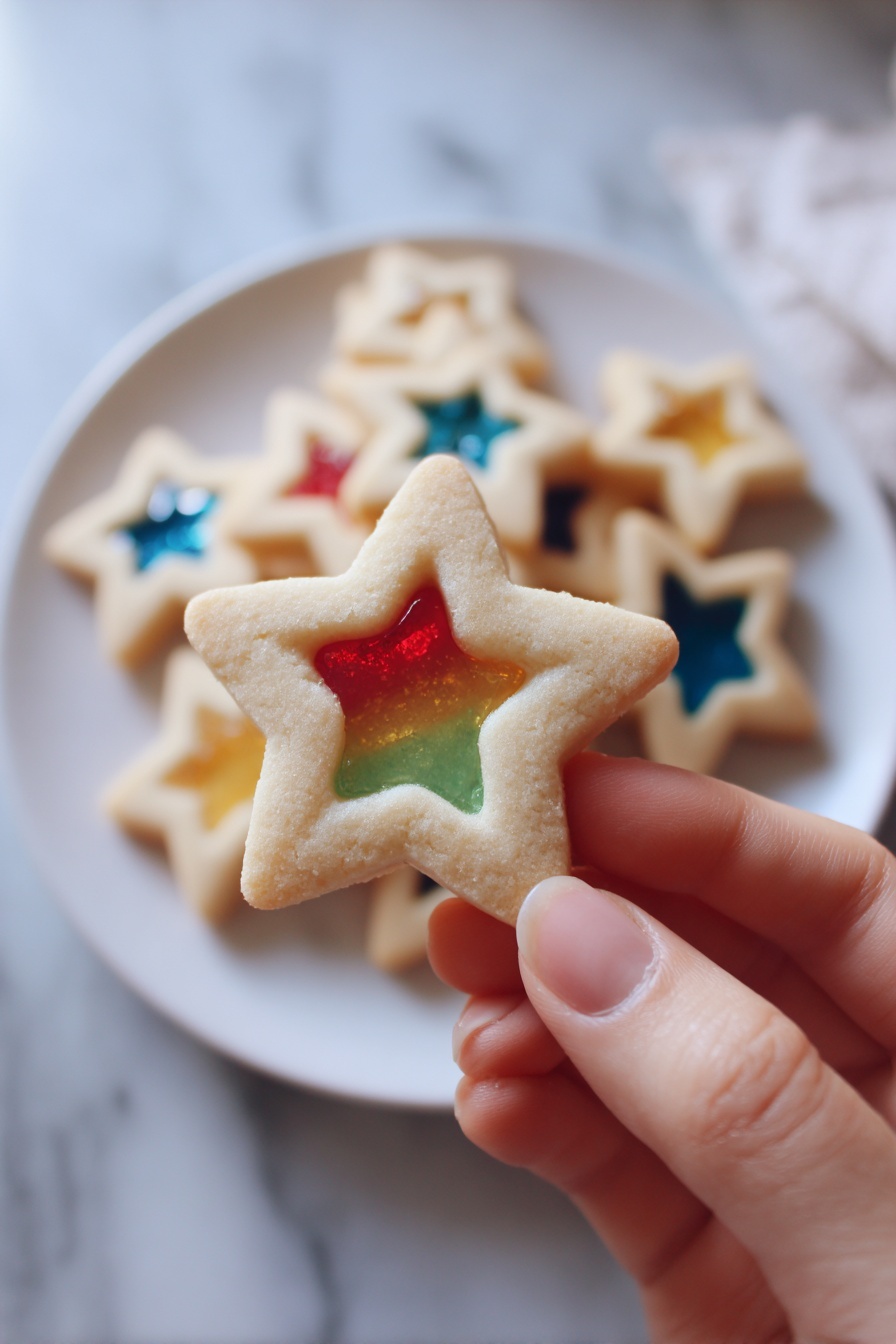 Stained Glass Cookies with Jolly Ranchers Recipe 8 A white plate holds a pile of star-shaped cookies with a smooth light beige outer layer. Each cookie has a smaller star-shaped window in the center filled with a shiny, translucent candy layer in bright colors like red, green, blue, and purple. The candy centers have a glossy texture with tiny bubbles inside them. The cookies are stacked neatly over a white marbled surface, showing off the contrast between the smooth cookie dough and the colorful candy in the middle. photo taken with an iphone --ar 2:3 --v 7 - Stained Glass Cookies with Jolly Ranchers, colorful holiday cookies, festive cookie recipes, easy Christmas cookie ideas, translucent candy cookies