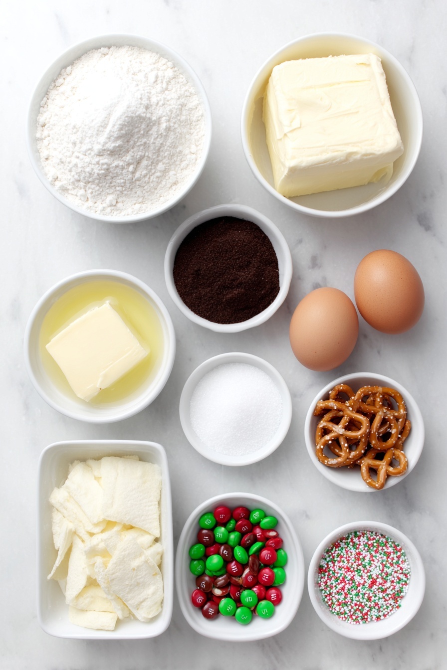 Christmas Cookie Recipe with M&M's and Pretzels Recipe 7 Flat lay of a small mound of all purpose flour, a pinch of baking powder and baking soda each arranged separately in small white ceramic bowls, a small pile of fine salt, a simple white bowl holding smooth melted butter, a white ceramic bowl filled with dark brown sugar, another white bowl of white granulated sugar, two large whole brown eggs with clean shells, a small white bowl with clear vanilla extract, a handful of red and green M&M's scattered naturally, a small white bowl of glossy white chocolate chips, a few broken pretzel pieces arranged next to a small pile of salted crushed potato chips, and a sprinkling of colorful holiday jimmies sprinkles all symmetrically placed on a clean white marble surface, soft natural light, photo taken with an iPhone, professional food photography style, fresh ingredients, white ceramic bowls, no bottles, no duplicates, no utensils, no packaging --ar 2:3 --v 7 --p m7354615311229779997 - Christmas Cookie with M&M's and Pretzels, festive holiday cookies, colorful holiday treats, salty sweet Christmas cookies, easy Christmas cookie recipes