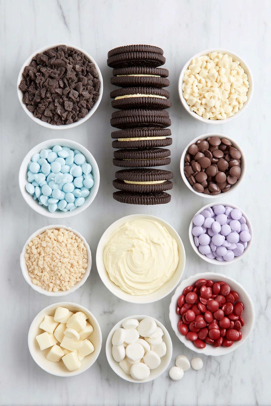 Polar Bear Cookies Recipe 7 Flat lay of a neat stack of a dozen double stuffed sandwich cookies with visible filling, a small pile of assorted brightly colored candy coated chocolates in blue, brown, red, purple, and lighter pastel shades, a collection of smooth white candy melts arranged in a small white ceramic bowl, and a simple white ceramic tube holder holding a neat black icing tube, all arranged in perfect symmetry on a clean white marble surface, soft natural light, photo taken with an iPhone, professional food photography style, fresh ingredients, white ceramic bowls, no bottles, no duplicates, no utensils, no packaging --ar 2:3 --v 7 --p m7354615311229779997 - Polar Bear Cookies, adorable cookie ideas, holiday treat recipes, easy festive cookies, fun baking activities