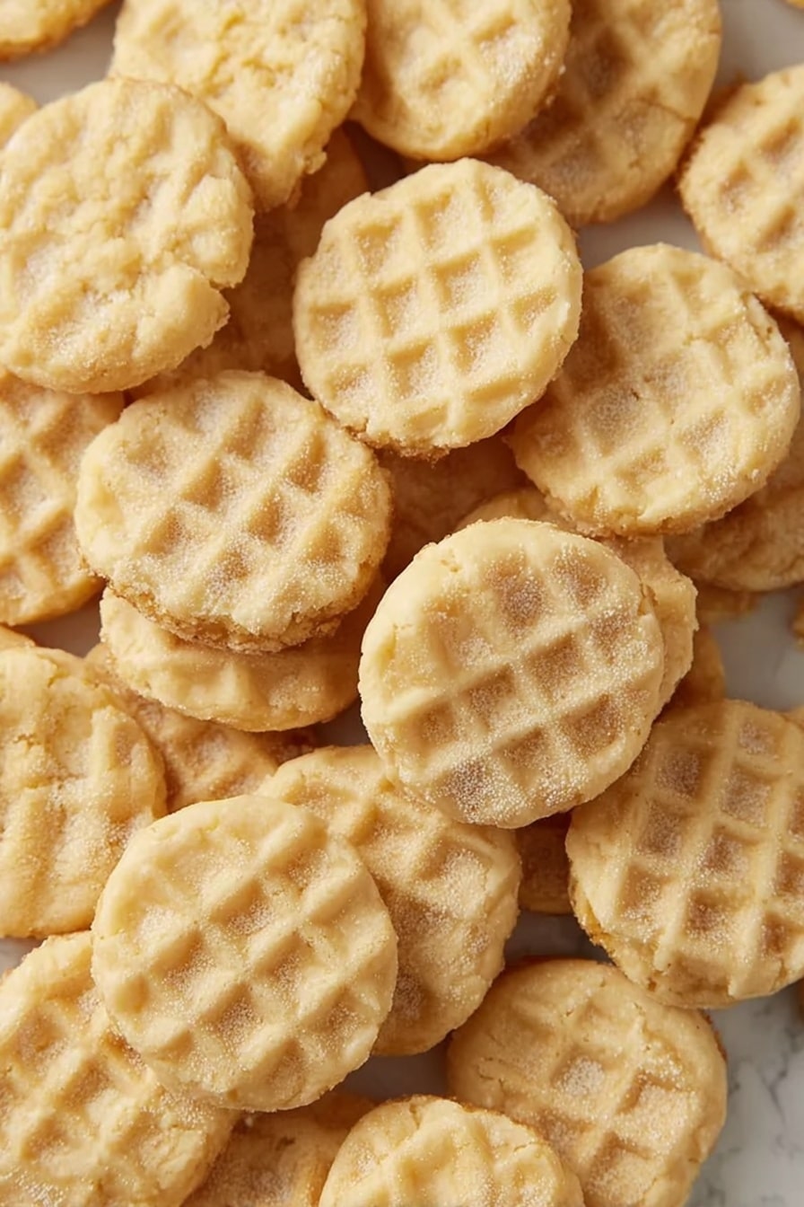 Mini Sugar Cookies Recipe 6 The image shows many small, round cookies with a light golden color scattered close together. Each cookie has a soft texture and a crisscross pattern on top, giving them a waffle-like look. The cookies appear slightly powdery, suggesting a light dusting of sugar or flour on their surface. They vary a bit in thickness, and a few have small bites taken out, showing a tender, crumbly inside. They are placed on a white marbled surface, filling almost the entire frame. photo taken with an iphone --ar 2:3 --v 7 - Mini Sugar Cookies, mini sugar cookies recipe, easy sugar cookies, small sweet cookies, holiday cookie ideas