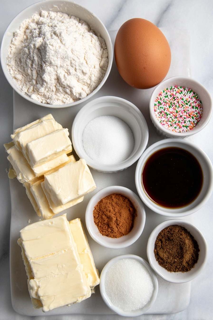 Gingerbread Cookie Bars with Cream Cheese Frosting Recipe 7 Flat lay of a small mound of pale all-purpose flour, a heap of light brown packed dark brown sugar, a smaller heap of fine white granulated sugar, a small white ceramic bowl filled with dark amber molasses, a whole large brown egg with a smooth shell, a few small white ceramic bowls each containing warm-toned ground ginger, cinnamon, allspice, cloves, nutmeg, and black pepper powders, a small white ceramic bowl of melted golden butter, a block of creamy full-fat brick cream cheese, a few sprigs of fresh vanilla bean pods, a small pile of fine white confectioners’ sugar, and a few scattered festive multicolored sprinkles, all arranged with perfect symmetry on a simple white ceramic plate and bowls, placed on a clean white marble surface, soft natural light, photo taken with an iPhone, professional food photography style, fresh ingredients, white ceramic bowls, no bottles, no duplicates, no utensils, no packaging --ar 2:3 --v 7 --p m7354615311229779997 - Gingerbread Cookie Bars with Cream Cheese Frosting, gingerbread cookie bars, holiday gingerbread bars, easy gingerbread dessert, festive cookie bars