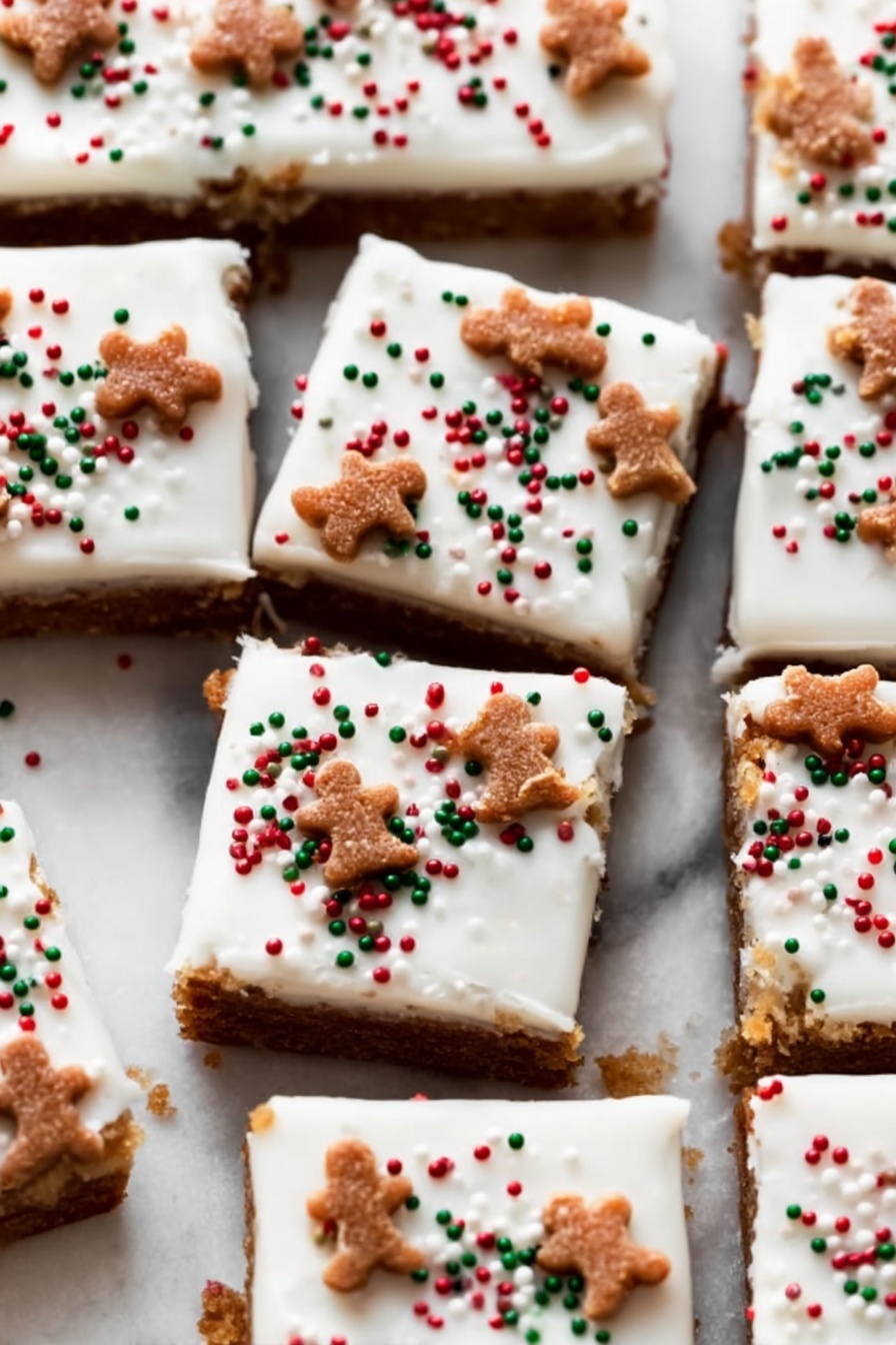 Gingerbread Cookie Bars with Cream Cheese Frosting Recipe 6 The image shows a close-up of nine square cake pieces placed closely together on a white marbled surface. Each piece has one thick layer of smooth white frosting on top, decorated with small red, green, and white round sprinkles, along with light brown gingerbread man-shaped sprinkles scattered unevenly across the surface. The cake under the frosting is a light brown color with a soft texture. The edges where the pieces meet show slight gaps and uneven cuts. The overall look is festive and inviting with a mix of smooth and textured elements in a grid pattern. photo taken with an iphone --ar 2:3 --v 7 - Gingerbread Cookie Bars with Cream Cheese Frosting, gingerbread cookie bars, holiday gingerbread bars, easy gingerbread dessert, festive cookie bars