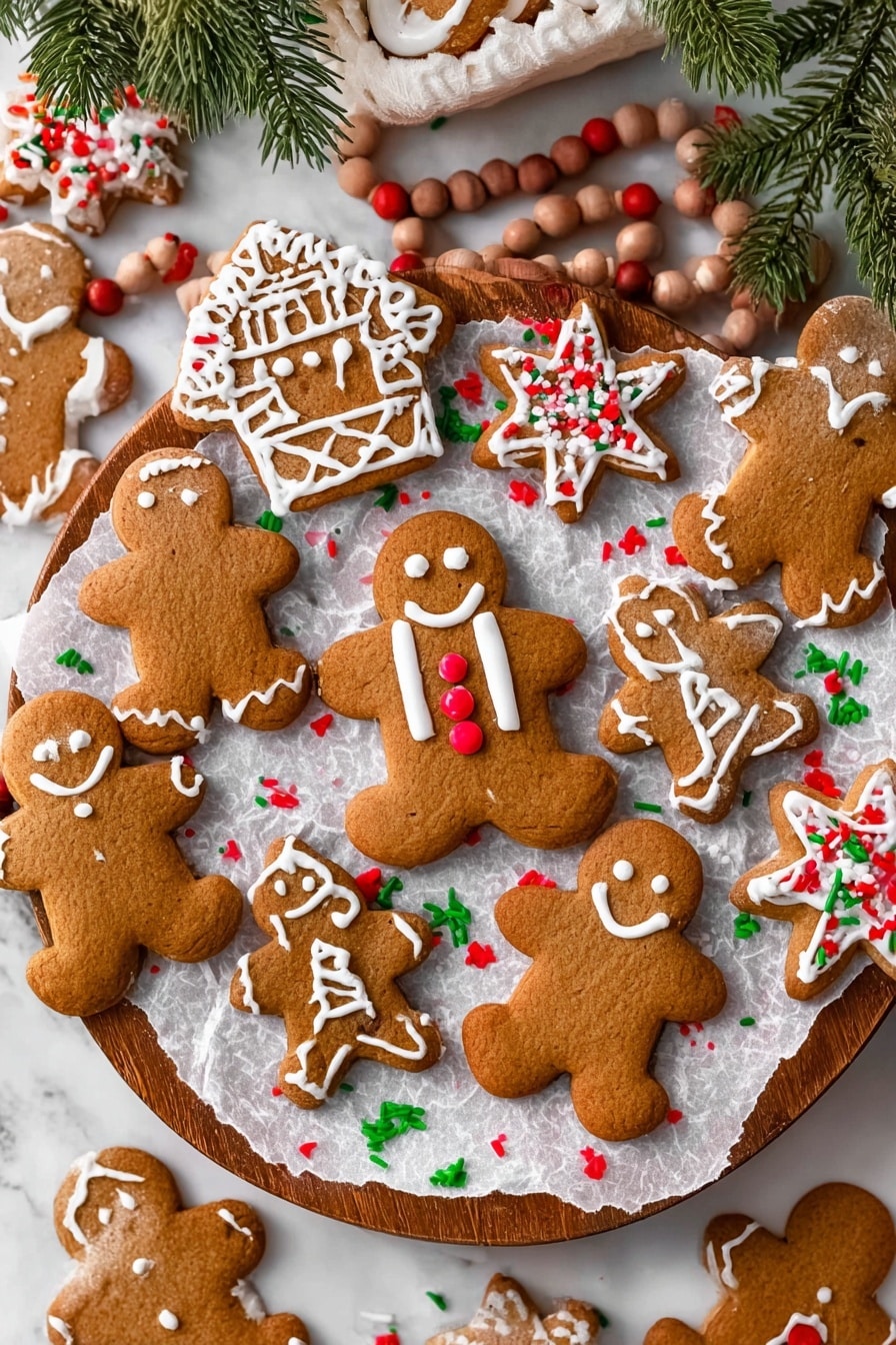 Gingerbread Man Cookies Recipe 6 A round wooden board holds a layer of crinkled white parchment paper topped with various gingerbread cookies in playful shapes and sizes. The largest cookie, a gingerbread person, sits near the center with white icing outlining suspenders and three red round candies for buttons. Surrounding it are multiple smaller gingerbread people decorated with white icing in different patterns, some with red icing accents and small white or red round sprinkles. There is a gingerbread house at the upper left, decorated with white icing, and some star-shaped cookies covered fully in white icing or red icing. The cookies rest on colorful Christmas-themed sprinkles shaped like trees, dots, and rods in green, red, and white. At the top of the board, some evergreen branches and a string of large round wooden and red beads add a festive touch. The background is a white marbled texture. Photo taken with an iphone --ar 2:3 --v 7 - Gingerbread Man Cookies, holiday baking cookies, gingerbread cookies recipe, festive cookie ideas, easy gingerbread cookies