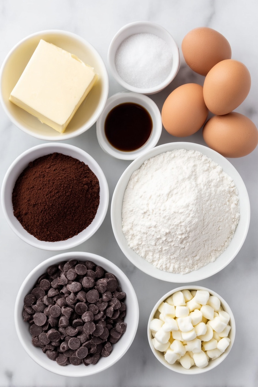 Hot Chocolate Cookies Recipe 7 Flat lay of a small white ceramic bowl of softened pale yellow butter, a small white bowl filled with granulated white sugar, a small white bowl with packed rich brown sugar, two whole brown eggs with smooth shells, a small white bowl of clear vanilla extract, a simple white bowl heaped with all-purpose flour, a small white bowl containing dark brown instant hot cocoa powder, a small white bowl of deep brown baking cocoa powder, a small white bowl with fine white salt crystals, a small white bowl of pale off-white baking soda powder, a small white bowl of pale baking powder, a small white bowl filled with plump vanilla marshmallow bits, and a small white bowl holding shiny dark brown semisweet chocolate chips, arranged with perfect symmetry and balanced proportions, placed on a clean white marble surface, soft natural light, photo taken with an iPhone, professional food photography style, fresh ingredients, white ceramic bowls, no bottles, no duplicates, no utensils, no packaging --ar 2:3 --v 7 --p m7354615311229779997 - Hot Chocolate Cookies, Hot Chocolate Cookies Recipe, Warm Chocolate Cookies, Cozy Winter Cookies, Chocolate Marshmallow Cookies