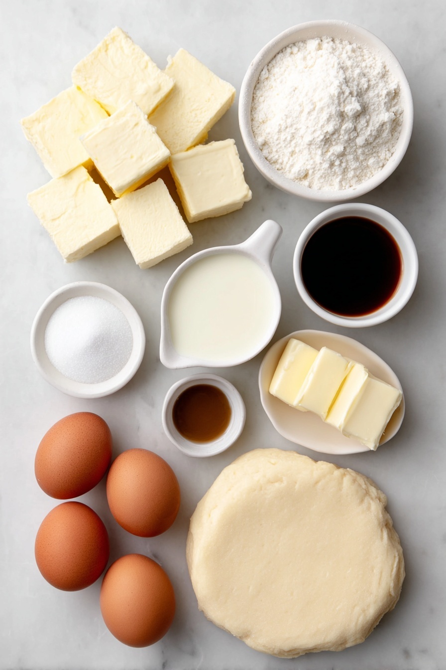 Bread Pudding Pie Recipe 7 Flat lay of fresh cubed white bread, two whole uncracked brown eggs, a small white ceramic bowl of milk, a small white ceramic bowl of granulated sugar, a small white ceramic bowl of vanilla extract, a small white ceramic bowl of ground nutmeg, two small pats of butter, and a simple round disc of rolled pie dough, all arranged symmetrically on a clean white marble surface, soft natural light, photo taken with an iPhone, professional food photography style, fresh ingredients, white ceramic bowls, no bottles, no duplicates, no utensils, no packaging --ar 2:3 --v 7 --p m7354615311229779997 - Bread Pudding Pie, Bread Pudding Pie Recipe, Comforting Dessert, Easy Bread Pudding, Flaky Pie Crust Dessert