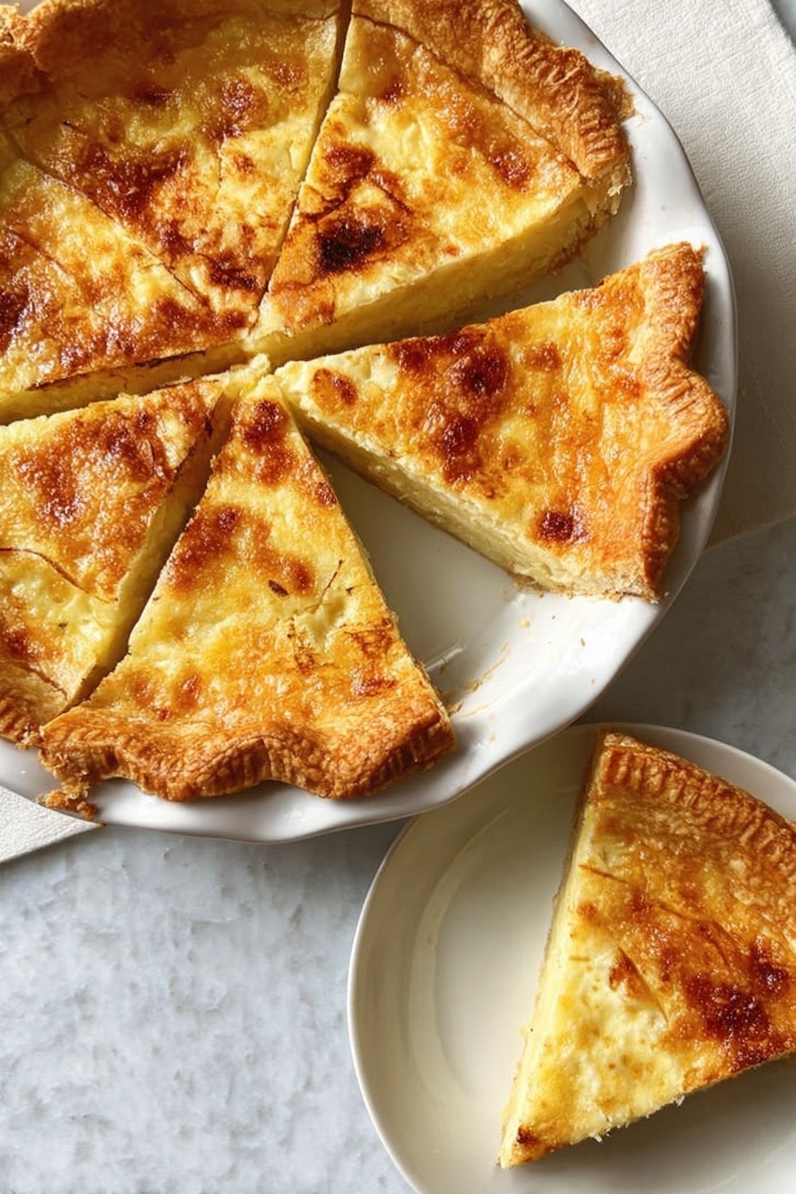 A golden pie with a flaky crust is cut into several triangular slices arranged in a white pie dish. The top layer shows a slightly browned, creamy filling with a smooth texture and some bubbly spots. One slice is placed separately on a white plate beside the pie. The whole setup rests on a white marbled surface. photo taken with an iphone --ar 2:3 --v 7 - Bread Pudding Pie, Bread Pudding Pie Recipe, Comforting Dessert, Easy Bread Pudding, Flaky Pie Crust Dessert