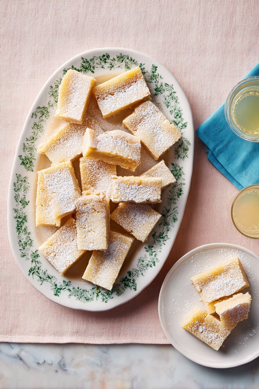 The image shows a white oval plate with a green floral pattern filled with about 12 rectangular lemon bars. Each bar is pale yellow with a slightly browned crust on the edges and a light dusting of powdered sugar on top. The bars are layered loosely on the plate, overlapping each other. Next to it, on the right side, is a smaller white round plate with two smaller broken lemon bar pieces, also dusted with powdered sugar. The scene is set on a soft pale pink cloth over a white marbled surface. In the top right corner, there is a glass cup with a light yellow drink on a blue napkin. photo taken with an iphone --ar 2:3 --v 7 - Buttery Shortbread Cookies, shortbread cookies recipe, easy shortbread recipe, melt-in-mouth cookies, homemade shortbread