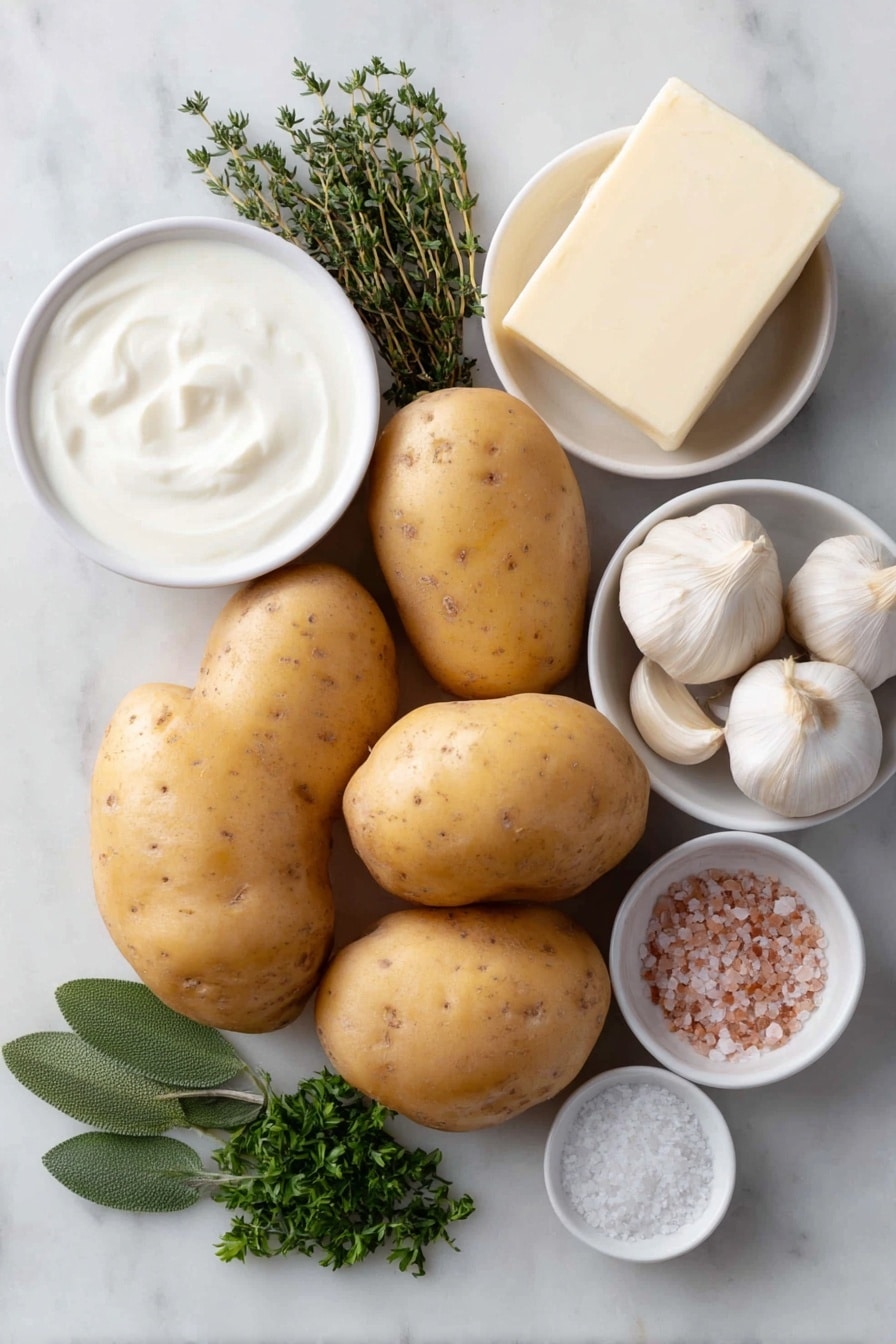 Garlic Herb Mashed Potatoes Recipe 7 Flat lay of fresh whole Yukon Gold potatoes with smooth yellow skins, a few sprigs of vibrant green fresh thyme, three large sage leaves with soft green texture, four large peeled garlic cloves, a small white ceramic bowl of creamy milk, a small white ceramic bowl of heavy cream, a simple white ceramic dish with a stick of rich golden butter, a small white ceramic bowl of pink sea salt crystals, a small white ceramic bowl containing fine garlic powder, and a few sprigs of fresh chopped parsley carefully arranged, all placed on a clean white marble surface, soft natural light, photo taken with an iPhone, professional food photography style, fresh ingredients, white ceramic bowls, no bottles, no duplicates, no utensils, no packaging --ar 2:3 --v 7 --p m7354615311229779997 - Garlic Herb Mashed Potatoes, creamy garlic herb mashed potatoes, how to make garlic herb mashed potatoes, best garlic herb mashed potatoes, flavorful mashed potato side dish