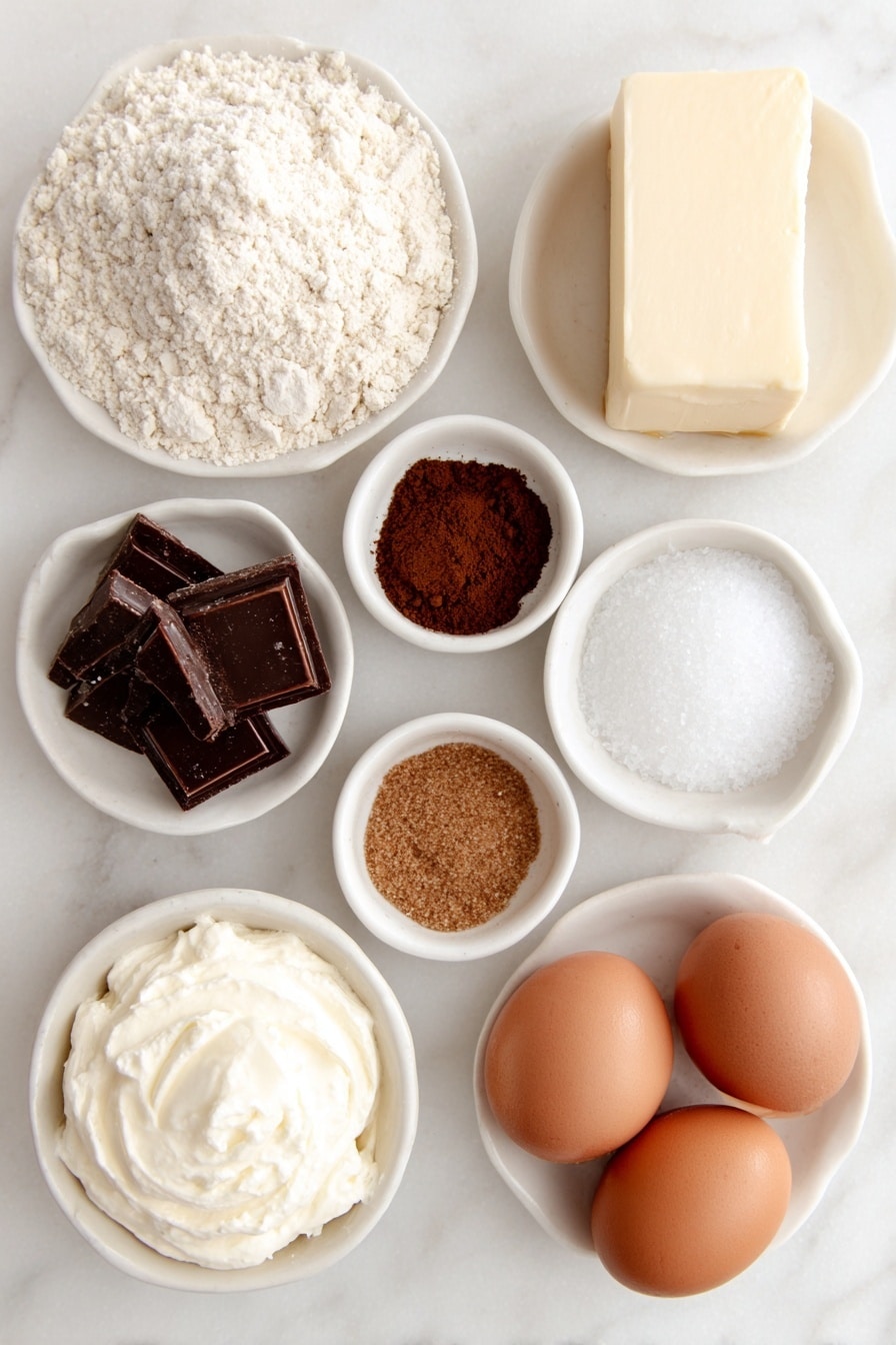 Vegan Gingerbread Chocolate Tart Recipe 7 Flat lay of a small mound of plain flour, a block of vegan butter with a smooth surface, a few tablespoons of dark molasses in a small white bowl, a small white bowl filled with ground ginger powder, another small white bowl with ground cinnamon, a third small white bowl holding allspice powder, a tiny heap of ground nutmeg, a pinch of sea salt in a small white bowl, a few strands of fresh orange zest, a simple pile of dark chocolate chunks, a small white bowl filled with thick coconut cream, a small white bowl with amber pure maple syrup, a small white bowl containing pomegranate seeds, and two whole clean uncracked brown eggs, all arranged symmetrically and naturally on a clean white marble surface, soft natural light, photo taken with an iPhone, professional food photography style, fresh ingredients, white ceramic bowls, no bottles, no duplicates, no utensils, no packaging --ar 2:3 --v 7 --p m7354615311229779997 - Vegan Gingerbread Chocolate Tart, Festive vegan desserts, Holiday chocolate tart, Vegan gingerbread dessert, Easy vegan holiday dessert