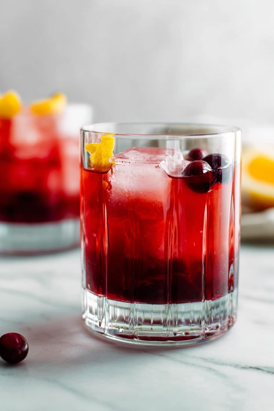 The image shows a clear glass filled with a red drink on a white marbled surface. The glass has a thick clear base and vertical grooves in its texture. Inside the glass, the red liquid fills most of the space with several large, clear ice cubes floating near the top. On the surface of the drink, there are dark red berries and small twists of yellow citrus peel, adding bright contrast to the red and clear ice. In the blurred background, another similar glass with a red drink and citrus is visible. The setting is simple and clean with soft lighting, emphasizing the colors and textures of the drink. Photo taken with an iphone --ar 2:3 --v 7 - Holiday Rum Negroni with Sparkling Wine, festive cocktail recipes, holiday drinks, sparkling wine cocktails, winter cocktail ideas