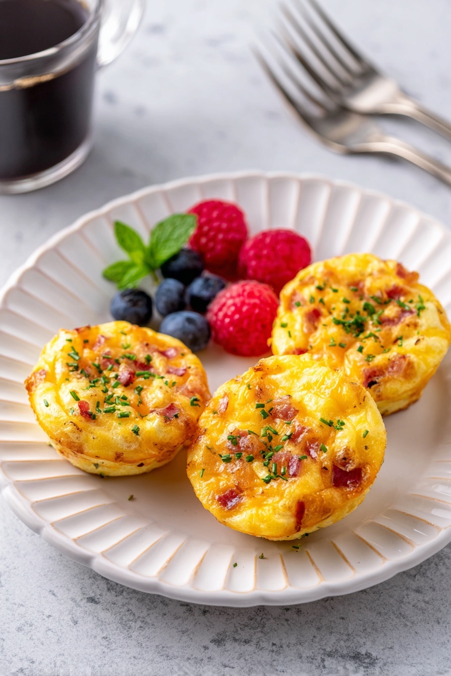 A white scalloped plate holds three small, round egg muffins that are golden yellow with orange spots from baked cheese and bits of reddish-brown ham, sprinkled lightly with finely chopped green herbs. To the side of the muffins, there is a small pile of fresh berries, including several bright red raspberries and deep blue blueberries, with a small sprig of green mint on top. The plate is placed on a white marbled textured surface, and there is a glass of dark coffee slightly blurred in the background on the left, with a silver fork on the right. Photo taken with an iphone --ar 2:3 --v 7 - Healthy Egg Bites, Healthy Egg Bites Recipe, quick healthy breakfast, nutritious egg bites, easy breakfast ideas