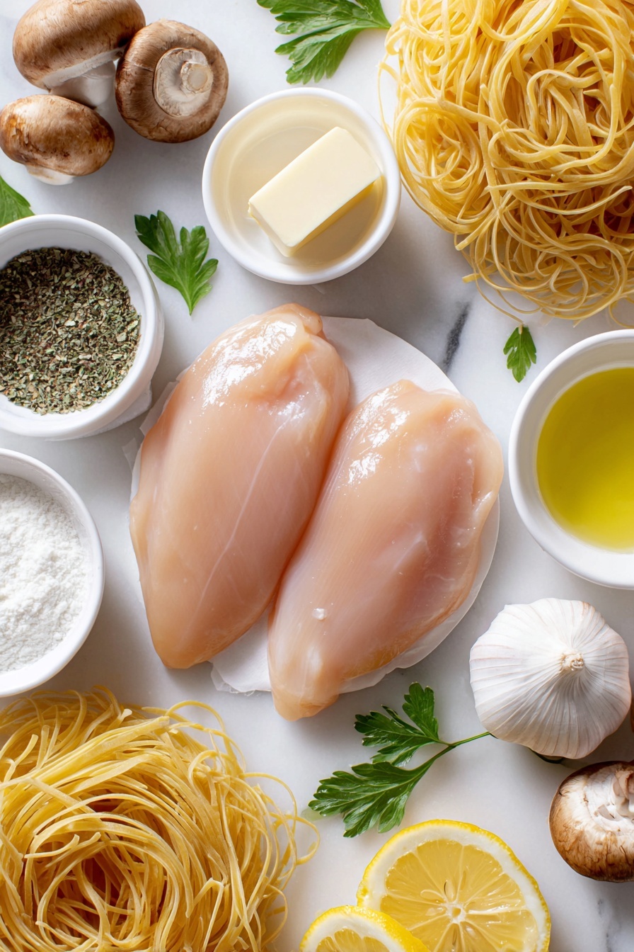 Slow Cooker Chicken Marsala Recipe 7 Flat lay of boneless skinless chicken breasts, kosher salt in a small white bowl, freshly ground black pepper in a small white bowl, two cloves of garlic, quartered cremini mushrooms, dry Marsala wine in a small white bowl, a pat of unsalted butter on a white ceramic dish, water in a small white bowl, cornstarch in a small white bowl, heavy cream in a small white bowl, freshly squeezed lemon juice in a small white bowl, uncooked angel hair pasta nest, fresh parsley leaves, lemon wedges arranged neatly, placed on a clean white marble surface, soft natural light, photo taken with an iPhone, professional food photography style, fresh ingredients, white ceramic bowls, no bottles, no duplicates, no utensils, no packaging --ar 2:3 --v 7 --p m7354615311229779997 - Slow Cooker Chicken Marsala, Chicken Marsala recipe, easy chicken marsala, slow cooker chicken dinner, mushroom wine sauce chicken