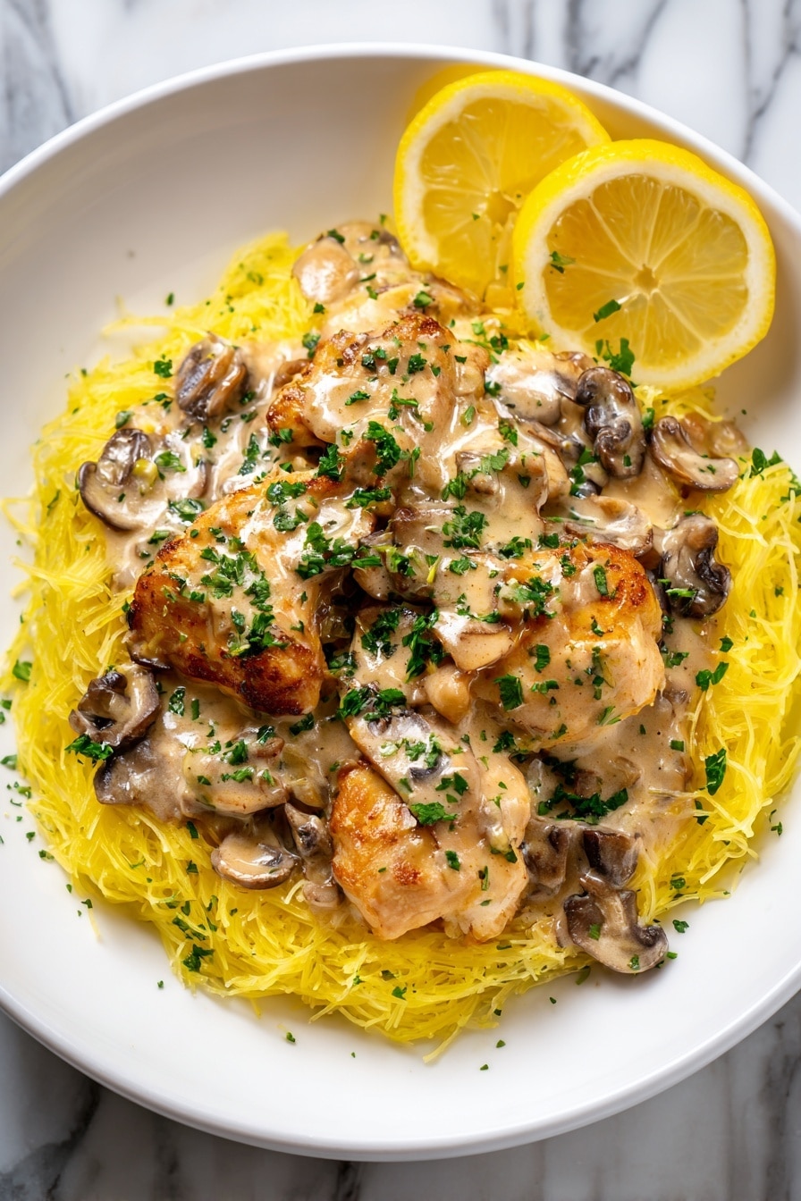 Slow Cooker Chicken Marsala Recipe 6 A white plate holds a bed of yellow thin pasta strands, topped with three light beige chicken pieces covered in creamy light brown sauce with green herbs mixed in. Scattered around and on top are small dark brown mushroom pieces. Two lemon slices rest on the chicken, one leaning on the left and the other on the right, adding a bright yellow touch. The background is a white marbled surface. photo taken with an iphone --ar 2:3 --v 7 - Slow Cooker Chicken Marsala, Chicken Marsala recipe, easy chicken marsala, slow cooker chicken dinner, mushroom wine sauce chicken