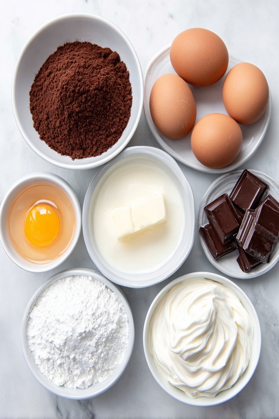 Slow Cooker Chocolate Caramel Cake Recipe 7 Flat lay of a small mound of rich dark brown Devils food cake mix powder beside three large brown eggs with clean shells, a small white bowl of clear water, a small white bowl with melted golden unsalted butter, a small white bowl filled with glossy thick sweetened condensed milk, a small white bowl holding smooth caramel topping, a small white bowl of fluffy white Cool Whip, and a few chopped pieces of glossy dark brown Heath bars arranged neatly, placed on a clean white marble surface, soft natural light, photo taken with an iPhone, professional food photography style, fresh ingredients, white ceramic bowls, no bottles, no duplicates, no utensils, no packaging --ar 2:3 --v 7 --p m7354615311229779997 - Slow Cooker Chocolate Caramel Cake, Chocolate Caramel Cake, Easy Slow Cooker Desserts, No Bake Chocolate Cake, Decadent Slow Cooker Desserts