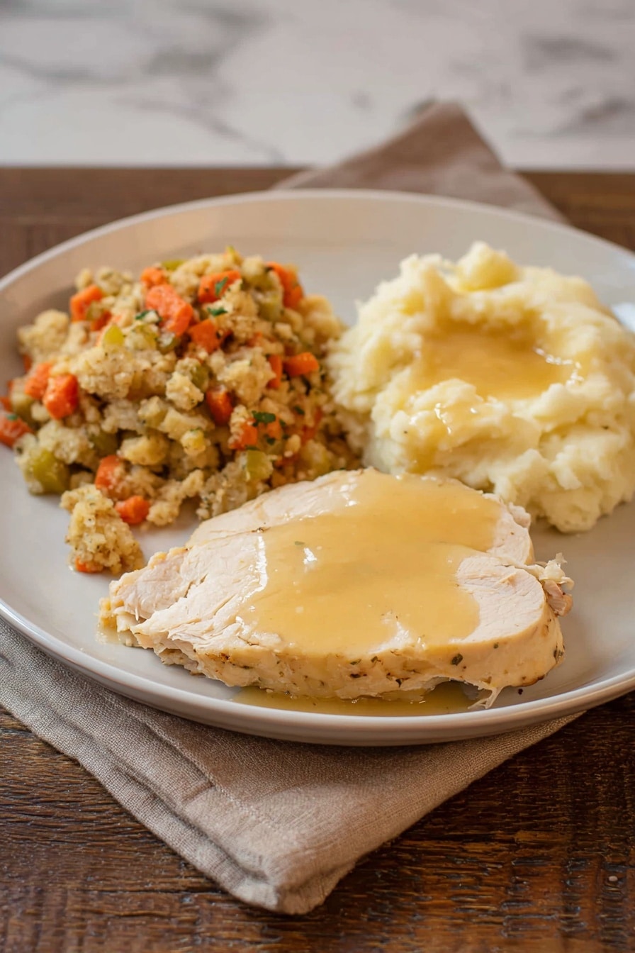 Slow Cooker Whole Chicken with Stuffing Recipe 6 The image shows a white round plate with three main parts. On the left side, there is a scoop of stuffing with a rough texture, containing small pieces of orange carrot, green celery, and light brown bread. On the right side, there is a pile of creamy mashed potatoes with a smooth texture and a light buttery yellow sauce on top. In front of the mashed potatoes, there are two slices of light tan cooked meat covered with a glossy light brown gravy. The plate is on a brown wooden table with a beige cloth napkin nearby. The background is a white marbled texture photo taken with an iphone --ar 2:3 --v 7 - Slow Cooker Whole Chicken with Stuffing, easy slow cooker chicken recipes, comforting chicken and stuffing dinner, effortless slow cooker meals, homemade chicken stuffing dish