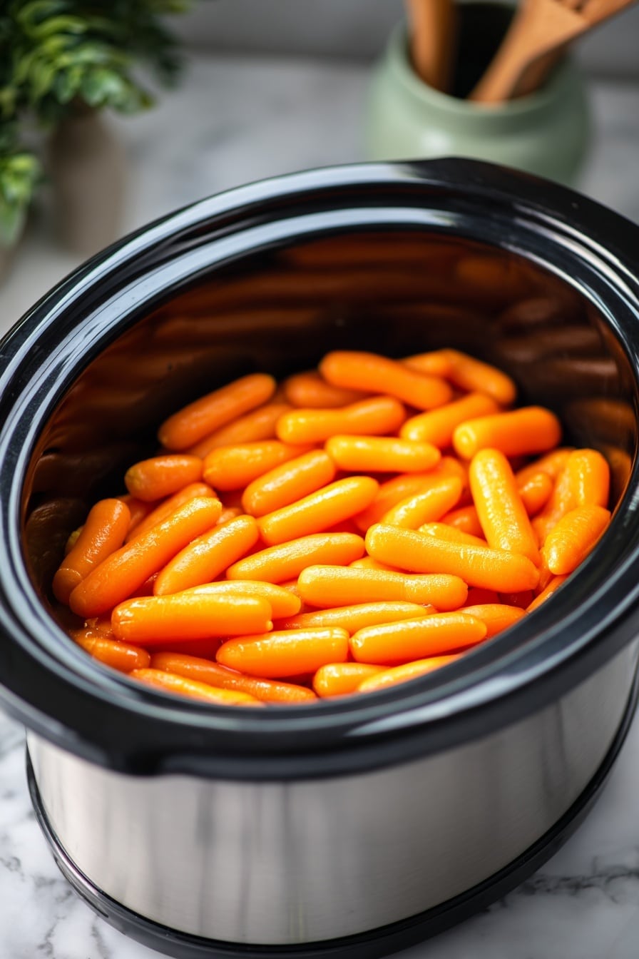 Slow Cooker Maple Glazed Carrots Recipe 6 The image shows a slow cooker filled with cooked baby carrots. The carrots are bright orange, shiny, and smooth, packed close together in one layer, filling the pot almost to the top. The slow cooker is black inside with a stainless steel outer body, placed on a white marbled surface. In the blurred background, household items like kitchen utensils and a plant can be seen. Photo taken with an iphone --ar 2:3 --v 7 - Slow Cooker Maple Glazed Carrots, maple glazed carrots, easy vegetable side dish, holiday carrot recipes, tender carrot side dish