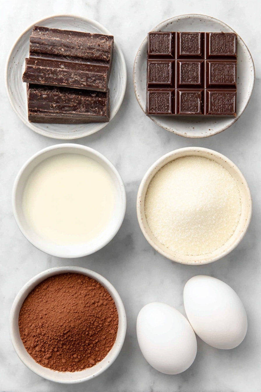 Flat lay of a small white ceramic bowl filled with whole milk, a small white ceramic bowl of heavy cream, a small white ceramic bowl of granulated sugar, two thick squares of coarsely chopped semi-sweet chocolate, a small white ceramic bowl with natural cocoa powder, and two whole clean eggs with uncracked shells, all arranged symmetrically in balanced proportions, placed on a clean white marble surface, soft natural light, photo taken with an iPhone, professional food photography style, fresh ingredients, white ceramic bowls, no bottles, no duplicates, no utensils, no packaging --ar 2:3 --v 7 --p m7354615311229779997 - Slow Cooker Hot Chocolate with Chocolate and Vanilla, cozy hot chocolate, creamy hot chocolate, easy hot chocolate recipe, comforting winter drinks